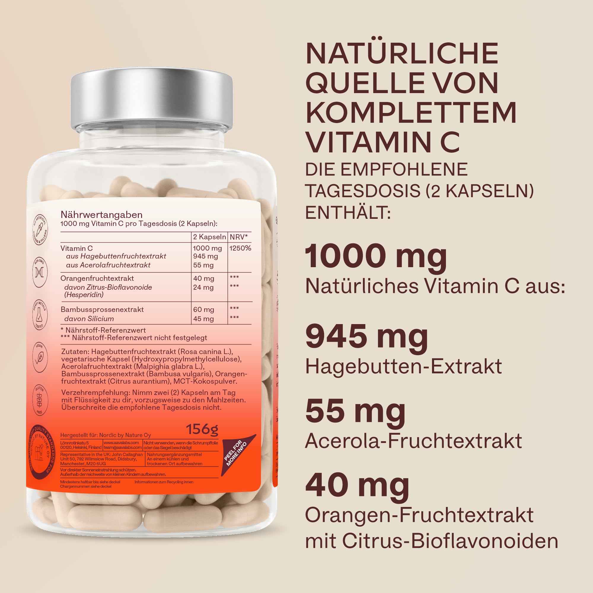 Vitamin C Hochdosiert Vegan - Acerola Vitamin C 1000mg pro Tagesdosis (2 Kapseln) mit Hagebutten, und Zitrus-Bioflavonoiden aus Orangenfrucht Extrakt - 180 Natürliches Vitamin C Kapseln