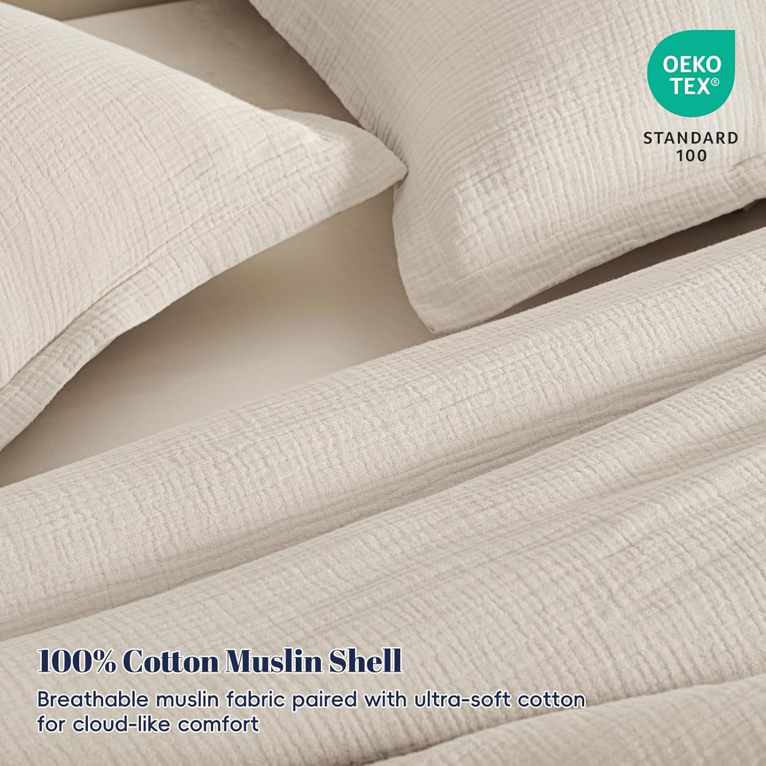 PHF Cotton Muslin Comforter Set King – 100% Cotton Cover, Ultra Soft & Breathable, 3PCS Lightweight All-Season Bedding with Polyester Fill, 1 Comforter 104"x90" & 2 Pillow Shams 20"x36", Natural - Image 3