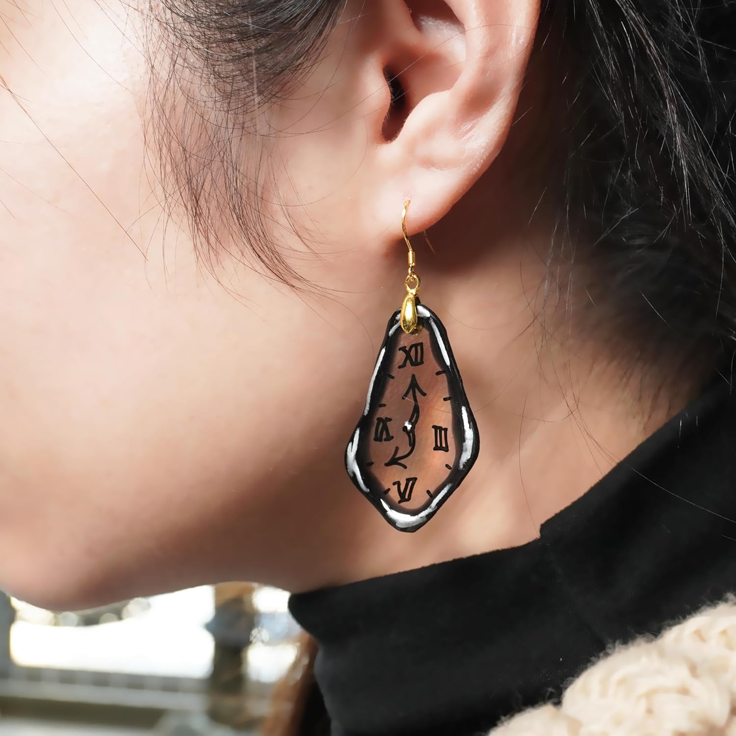 Dali-style Handmade Resin Vintage Clock Dangle Earrings for Women Retro Jewelry, Lightweight,Hypoallergenic, Black and White Roman Numeral Design, Artistic Earrings as a Gift for Women - Image 3