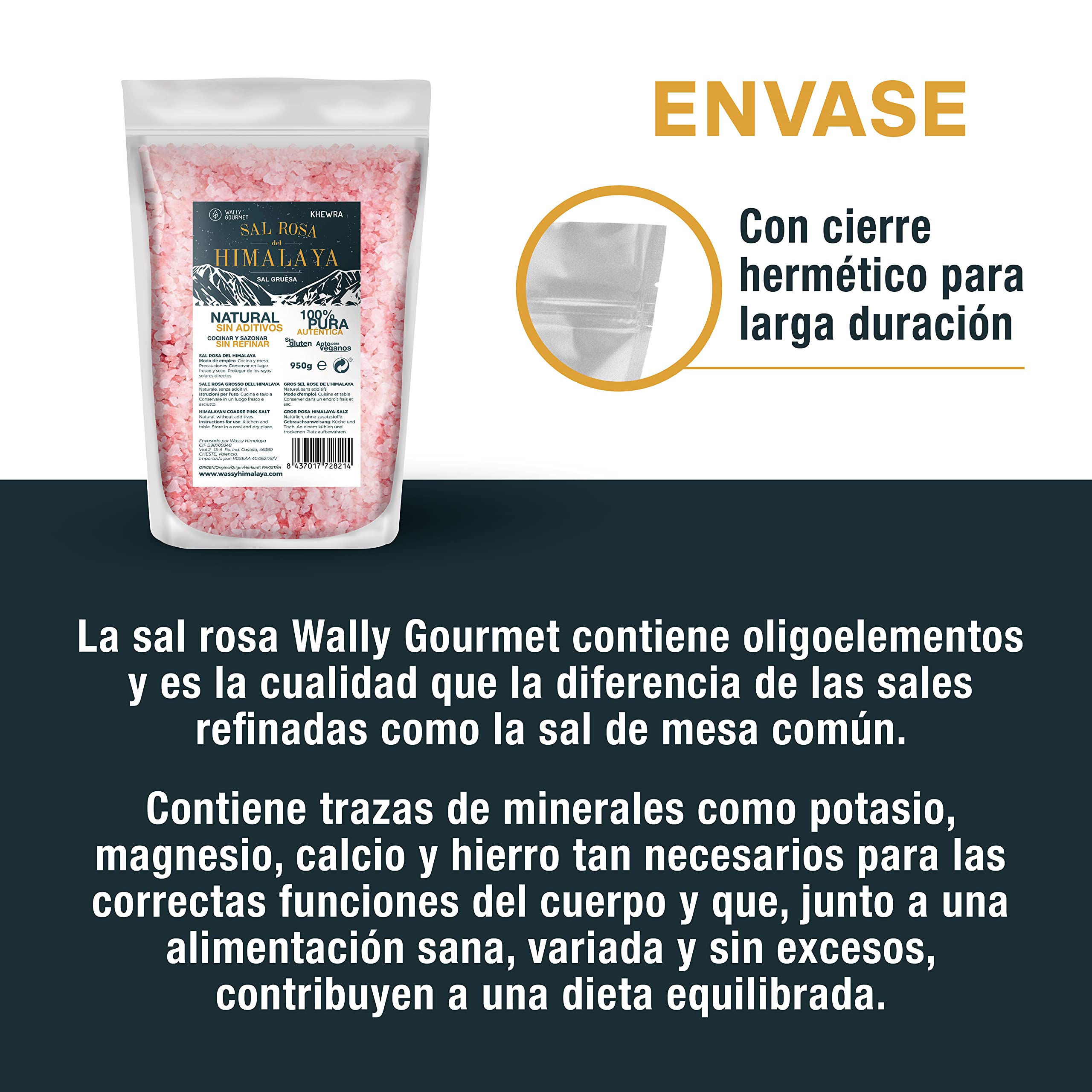 WALLY GOURMET Sal Rosa Del Himalaya Gruesa. 100% Natural, Sin Aditivos, Sin Refinado. Mayor Contenido En Oligoelementos. Para Sazonar Y Condimentar. Origen: Pakistán (950gr.)