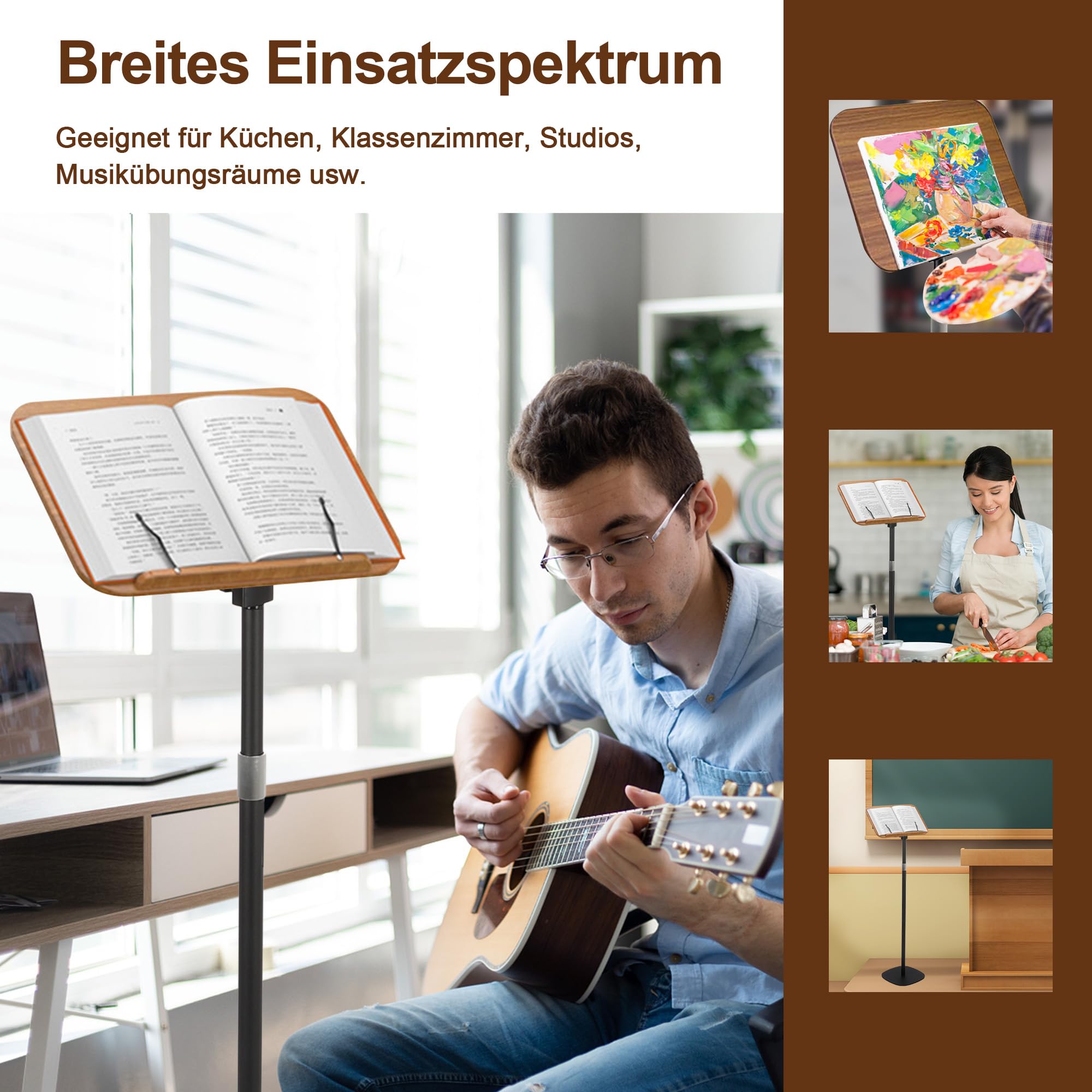 aleawol Supporto per libri regolabile in altezza, 80-130 cm, Leggio Porta Libri, per leggere con clip di carta, supporto per libri in legno, per appunti, ricette e iPad