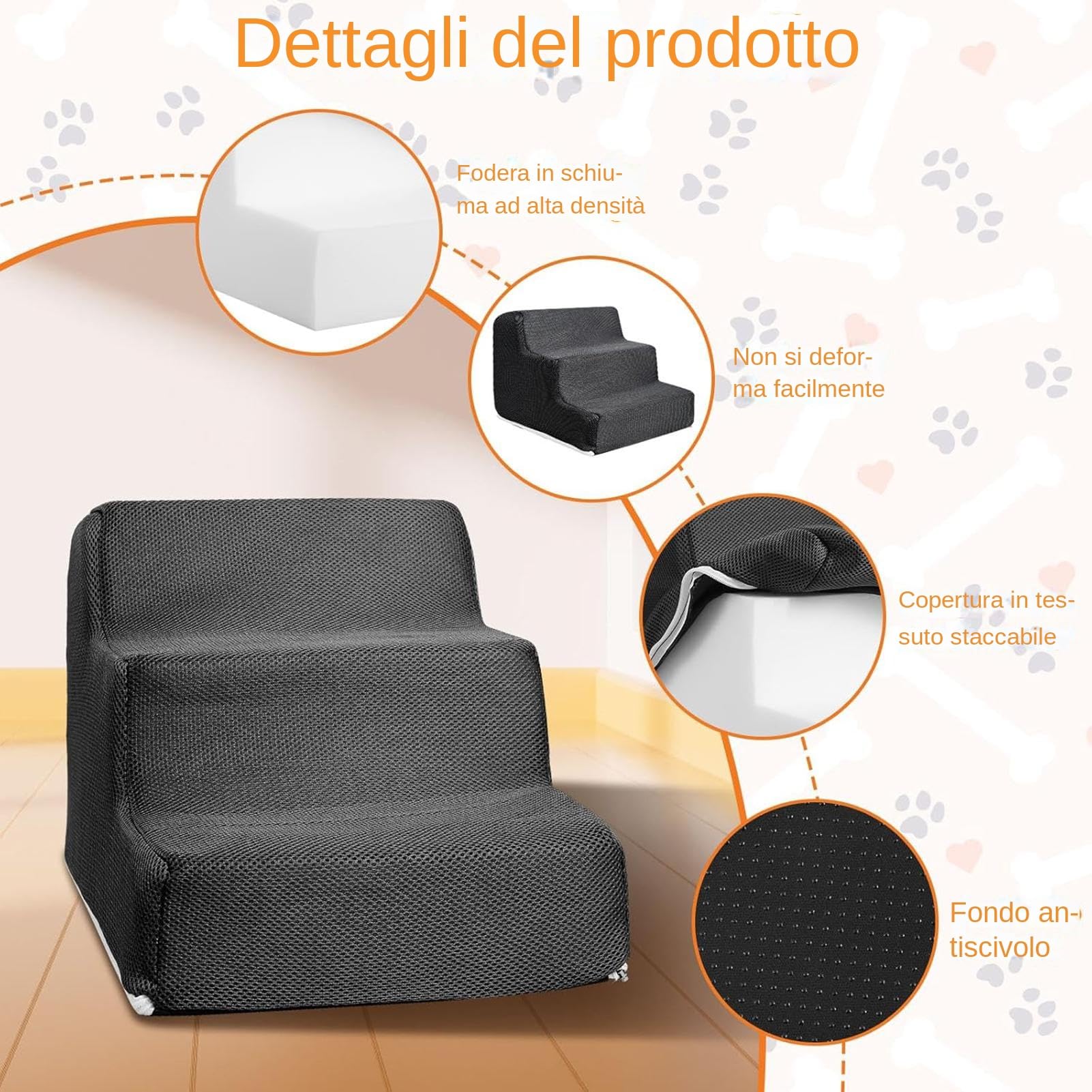 Scale per Cani 3 Gradini, Scale per Animali Domestici Antiscivolo per Cani di Piccola Taglia e Gatti, con Rivestimento Lavabile, per Davanzale della Finestra del Divano