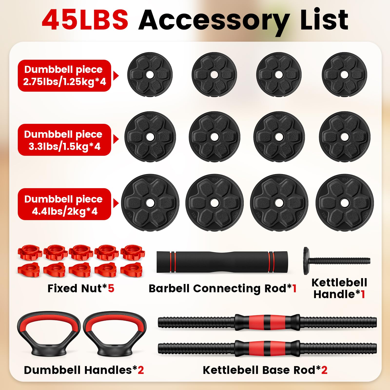 Adjustable Dumbbell Set, 20/33/45/70/90lbs Free Weight Set with Connector, 4 in1 Dumbbells Set Used as Barbell, Kettlebells, Push up Stand, Weight Set for Home Gym Suitable Men/Women