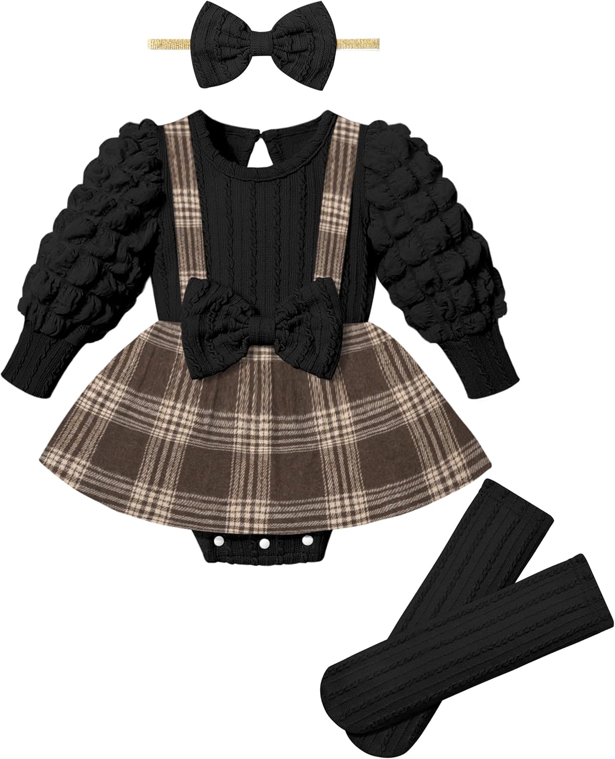Queenstyle Baby Girl Clothes Dress Fall Winter Outfits Set Puff Sleeve Plaid Romper with Headband Stockings Queenstyle Baby Girl Clothes Dress Fall Winter Outfits Set Puff Sleeve Plaid Romper with Headband Stockings