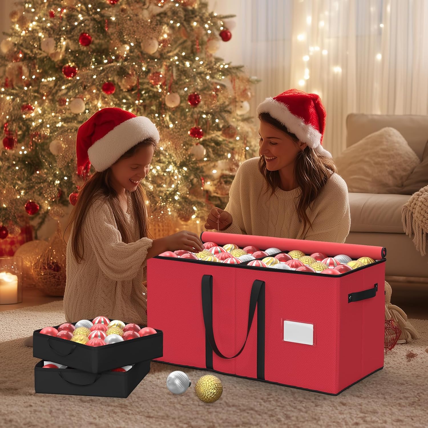 Christmas Ornament Storage Box With 8 Trays - Stores Up to 128 Holiday Ornaments, Christmas Storage Container with Side Pocket, Adjustable Dividers, Card Slot, Tear-Proof Fabric - Red - Image 8