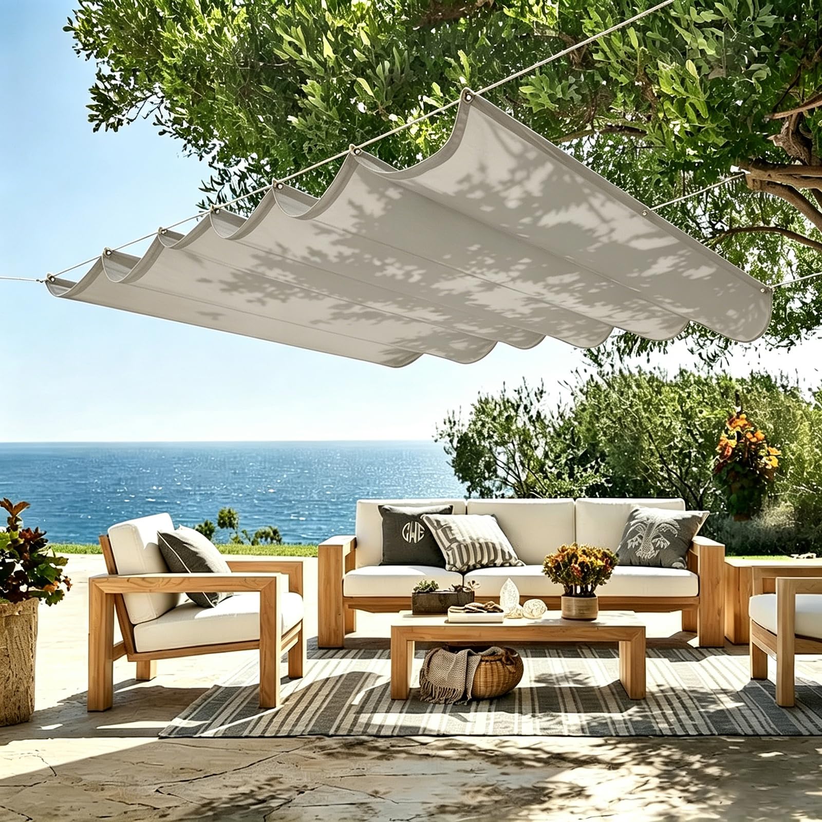 Auvent ondulé 120 x 310 cm gris clair en PES haute densité résistant avec protection UV