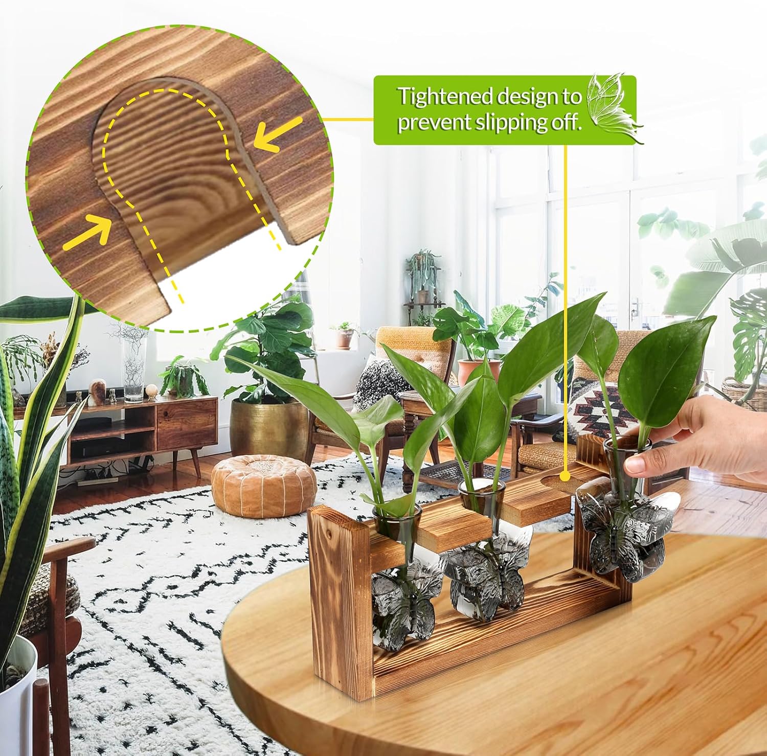 Glass Plant Propagation Station Butterfly Planter Vase with Wooden Stand Birthday Gifts for Women Mom Plant Lovers Office Home Decoration - Image 4
