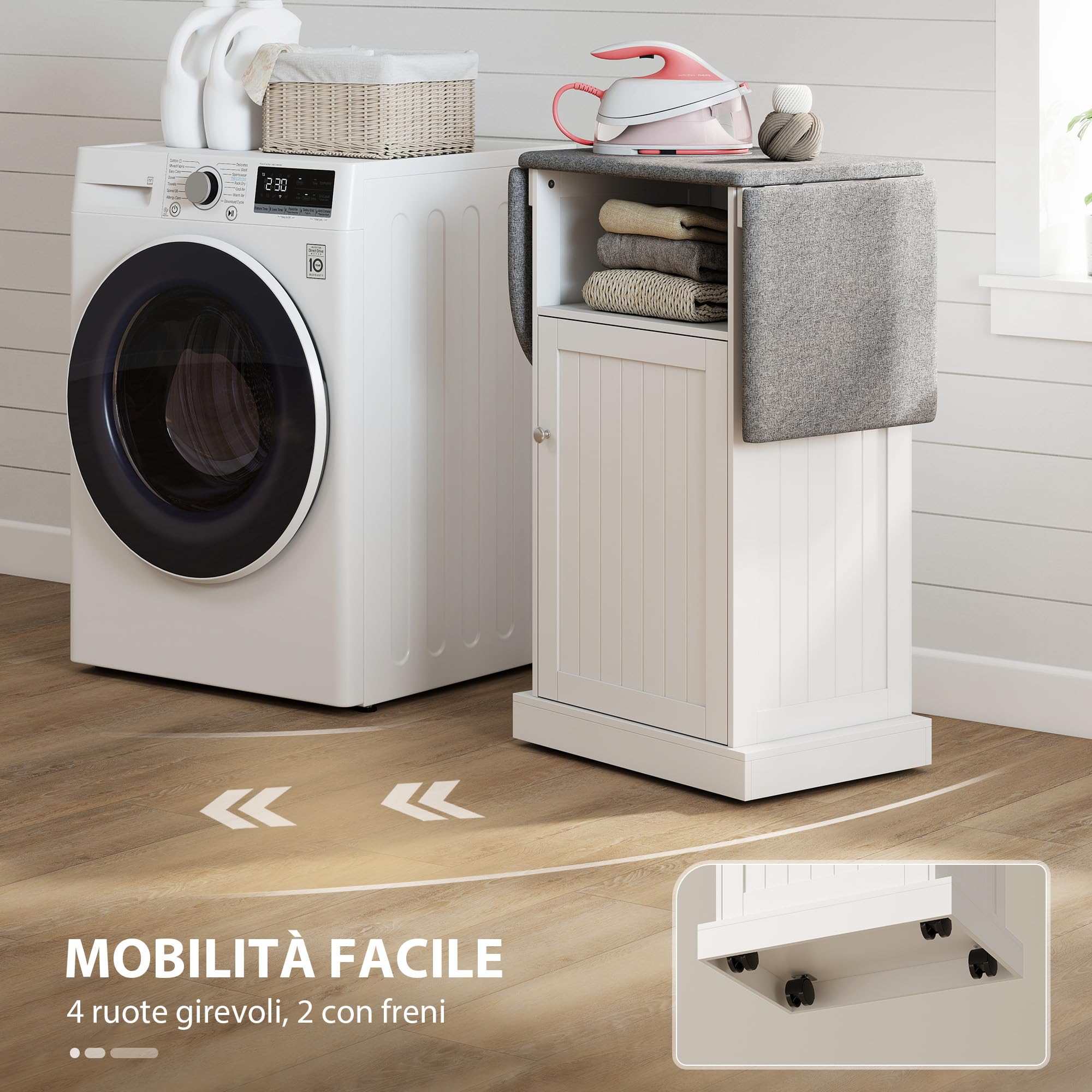 HOMCOM Mobile Asse da Stiro Salvaspazio Pieghevole con Ruote a Freno, Mobile da Stiro Multiuso con Vano Aperto, Ripiano Regolabile, per Lavanderia e Bagno, 121x37x89 cm, Bianco