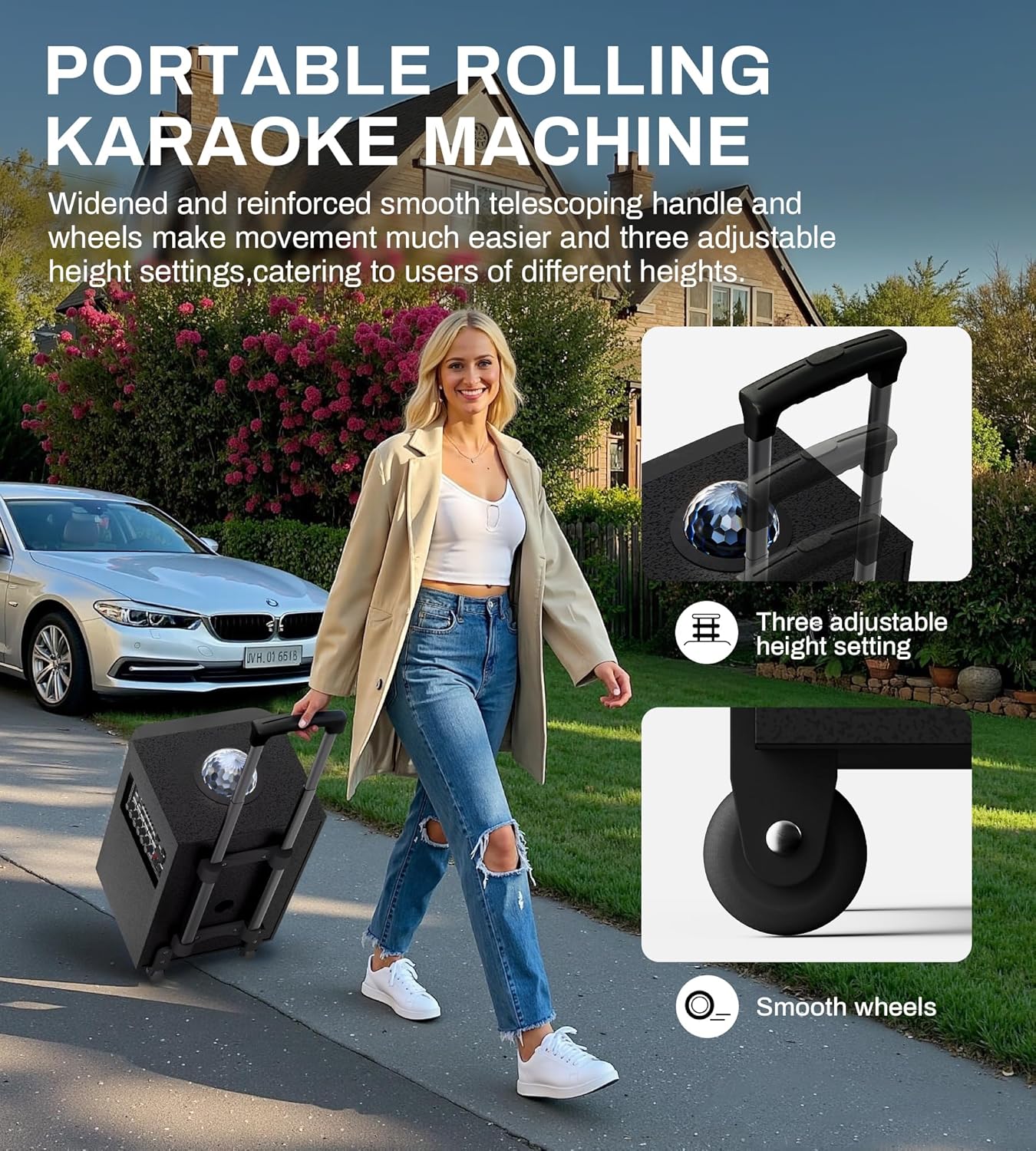 Karaoke Machine for Adults with 2 Wireless Microphones Portable Party Speaker BT PA System with Disco Ball LED Lights, Tablet Lyrics Display Holder, Remote Control, Rolling Wheels and Trolley - Image 6