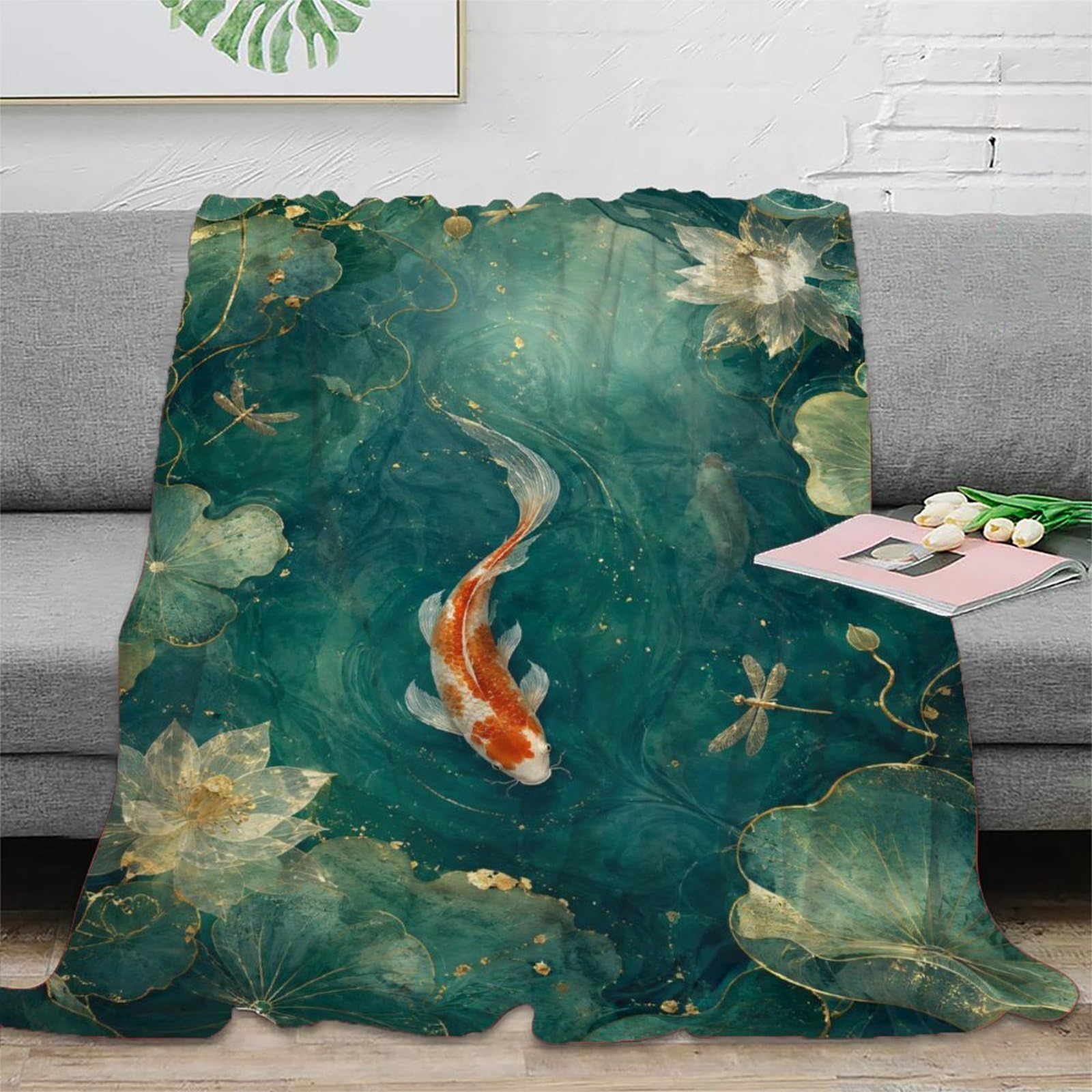 H3B8U2Y5 Koi Fish Pond Throw Blanket, Zen Water Painting, Office