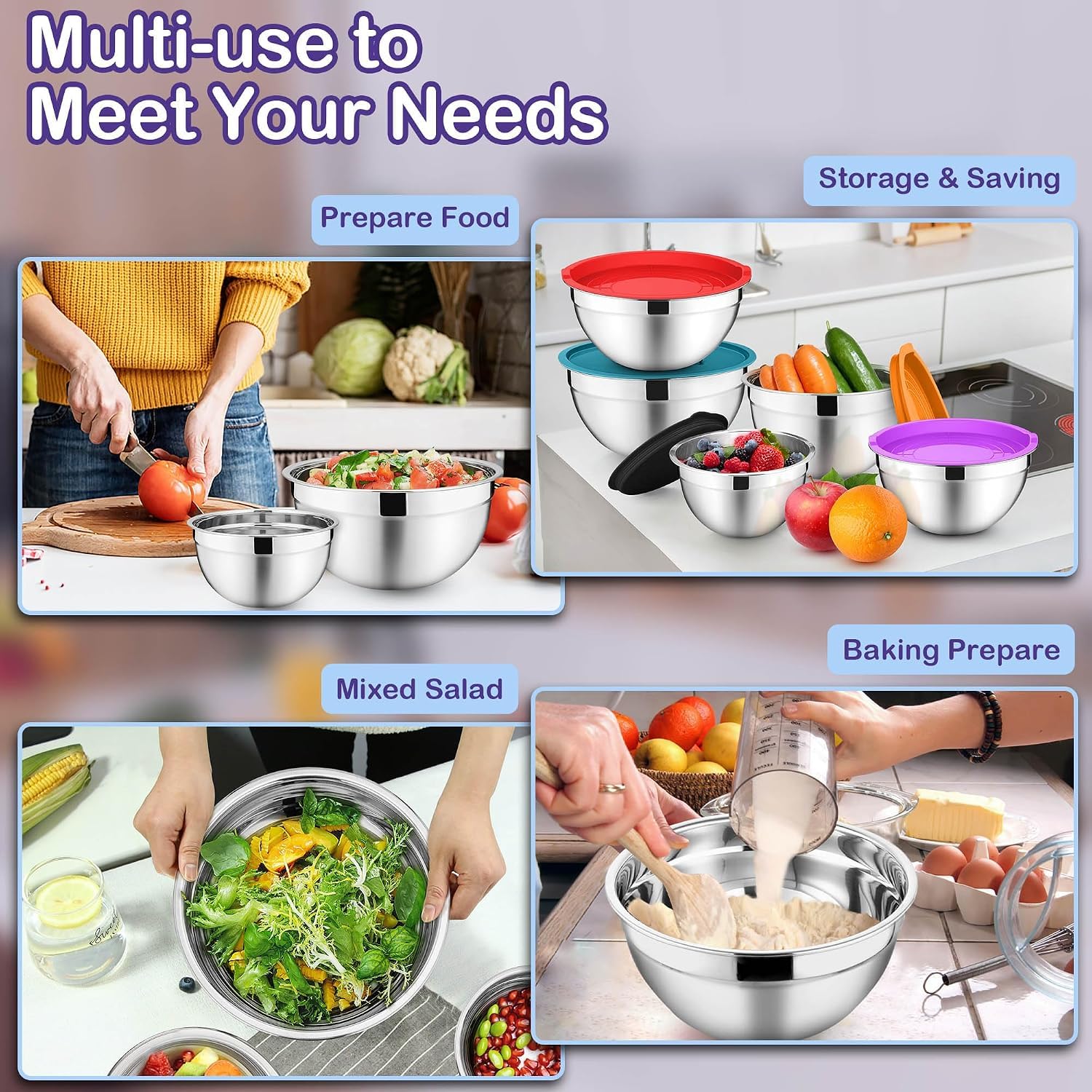 Joyfair Juego de 5 cuencos para mezclar, ensalada anidable de acero inoxidable con tapas herméticas, 3 accesorios de rallador y juego de almacenamiento de metal para hornear y preparar mezclas, tamaño