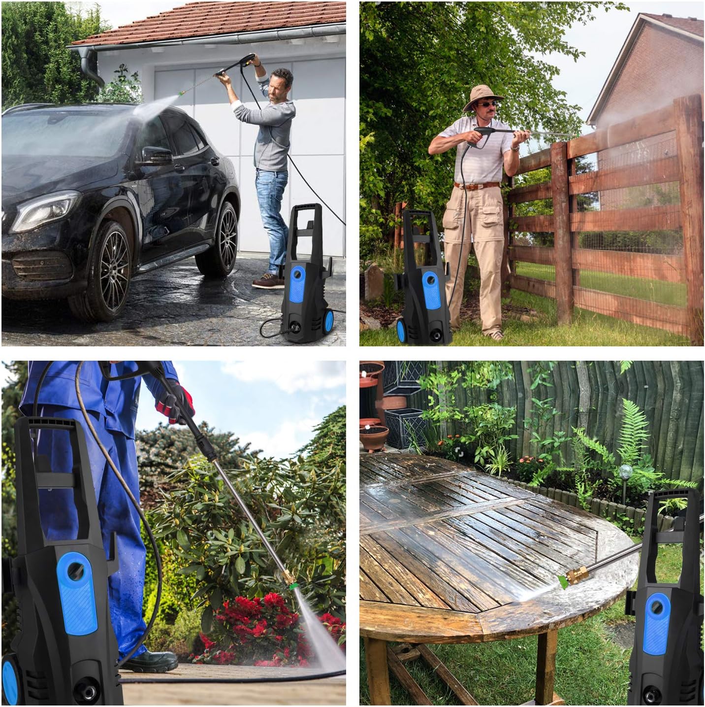 Four images showing the TEANDE Electric Pressure Washer being used for various cleaning tasks: washing a car, cleaning a wooden fence, cleaning garden plants, and cleaning a wooden patio table.
