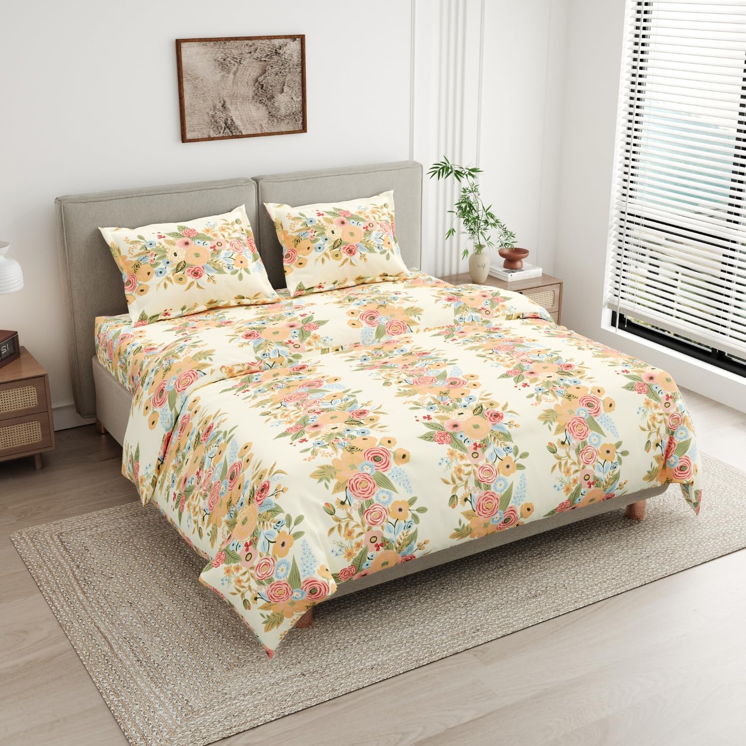 haus & kinder Double Bedsheet for Queen Size Bed | 90 x 100 Inches 144 TC Cotton Bedsheet for Double Bed with 2 Pillow Covers - Vintage Peony