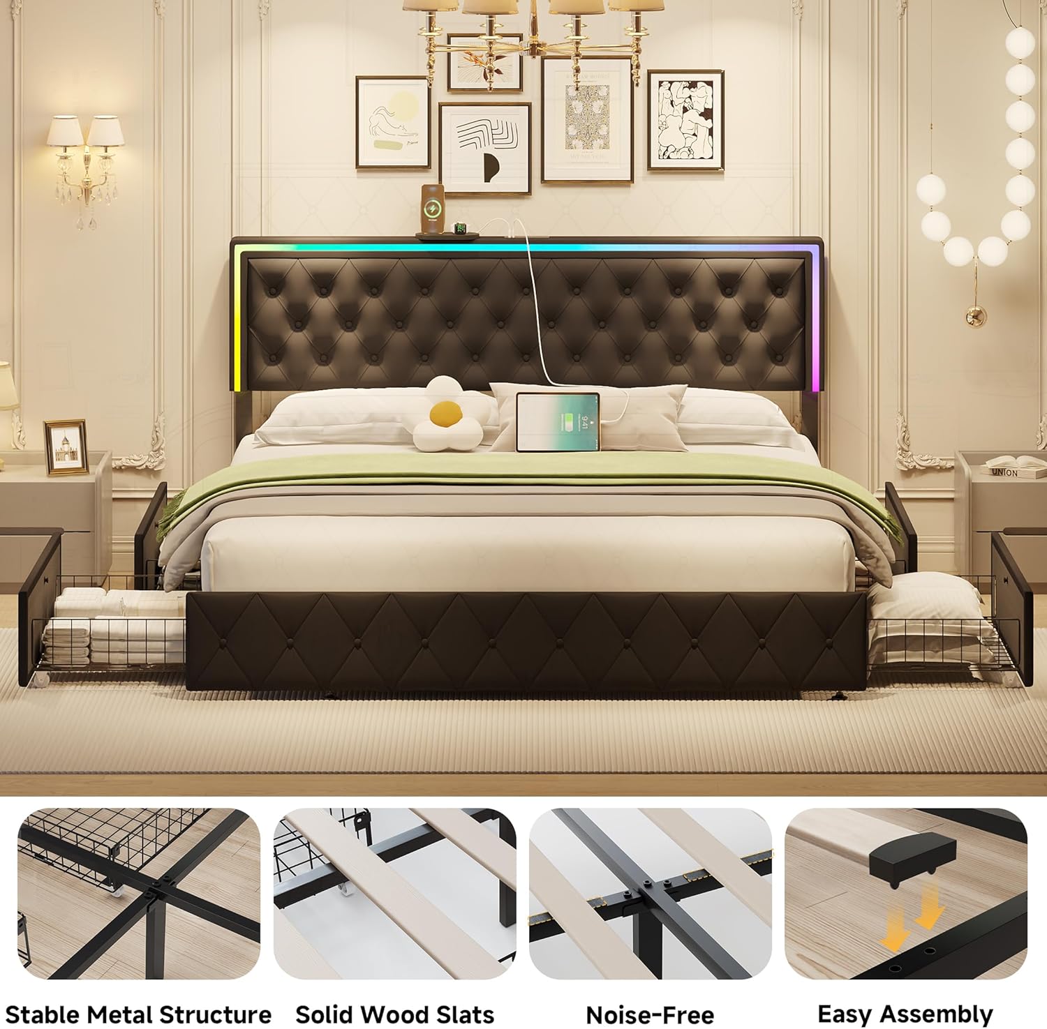 LED King Size Bed Frame with Storage and Headboard,King Bed Frame with 4 Storage Drawers and LED Lights,Velvet Upholstered Bed King Size with Charging Station,No Box Spring Needed,Black