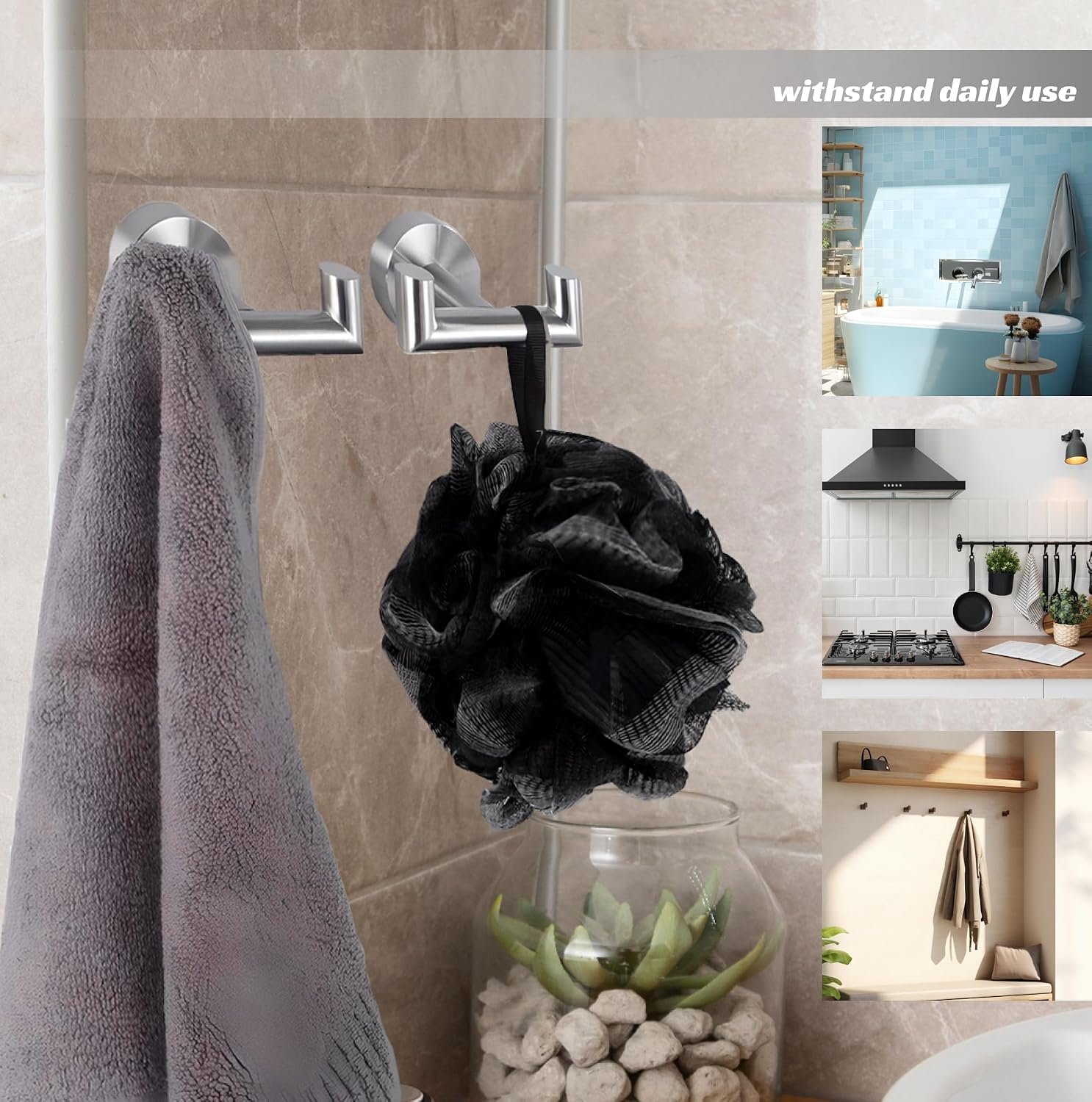 Set of 2 Double Brushed Nickel Towel Holder for Bathrooms - Stainless Steel Cup Hooks for Shower - Towel Holder Shower Hooks for Inside - Stylish Bath Hook image 2