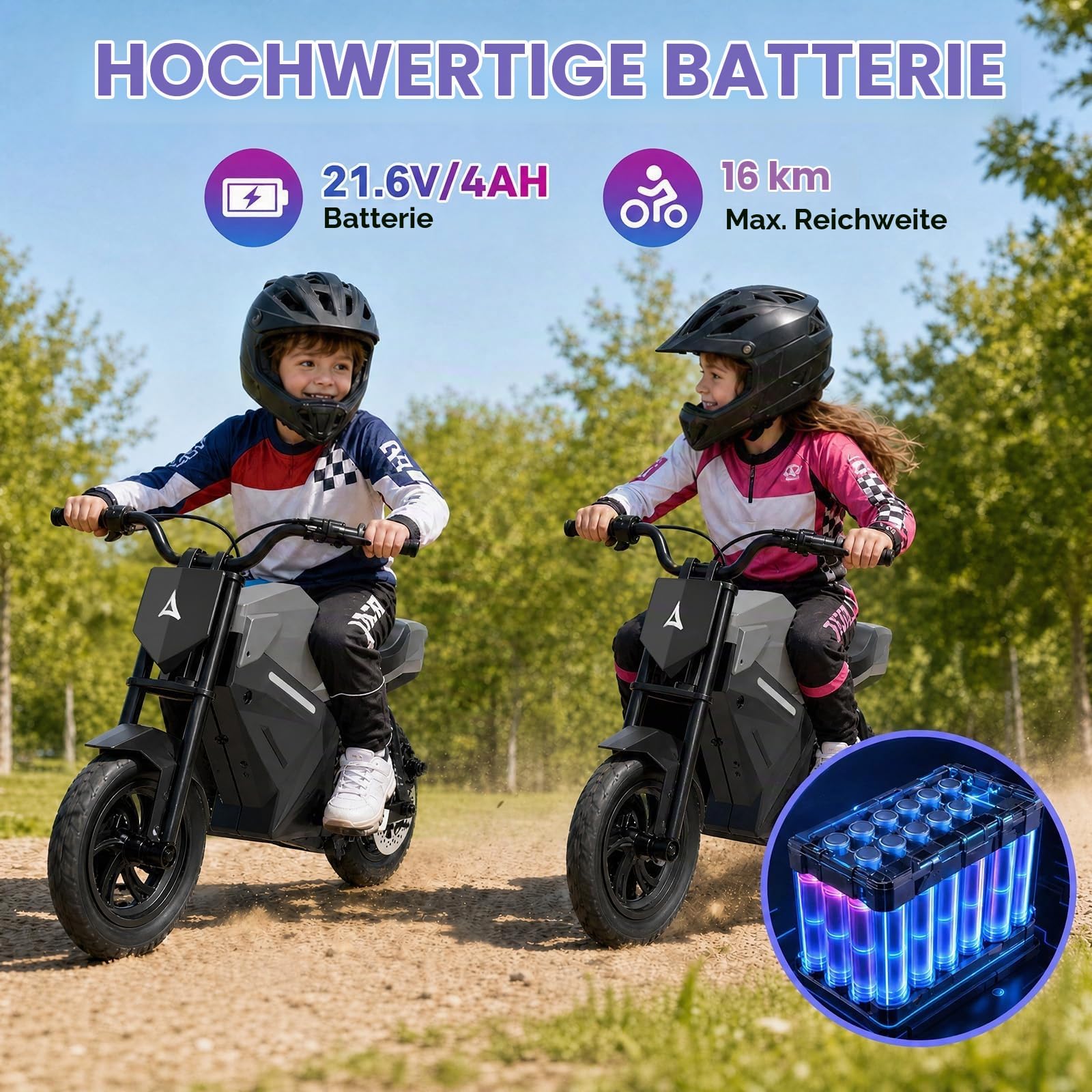 Moto elettrica per bambini, motore da 250 W, 21,6 V, 4 Ah (argento)