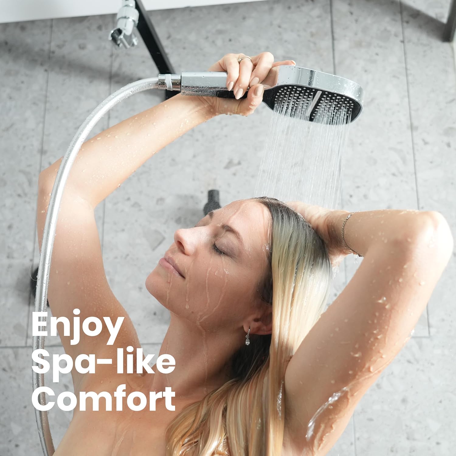 Maas & Bath 8-in-1 Chrome Shower Head - Handheld ShowerHead, Hose & Bracket Kit with 8 Customizable Spray Button Settings, High Water Pressure Square ShowerHead with Water Saving Design