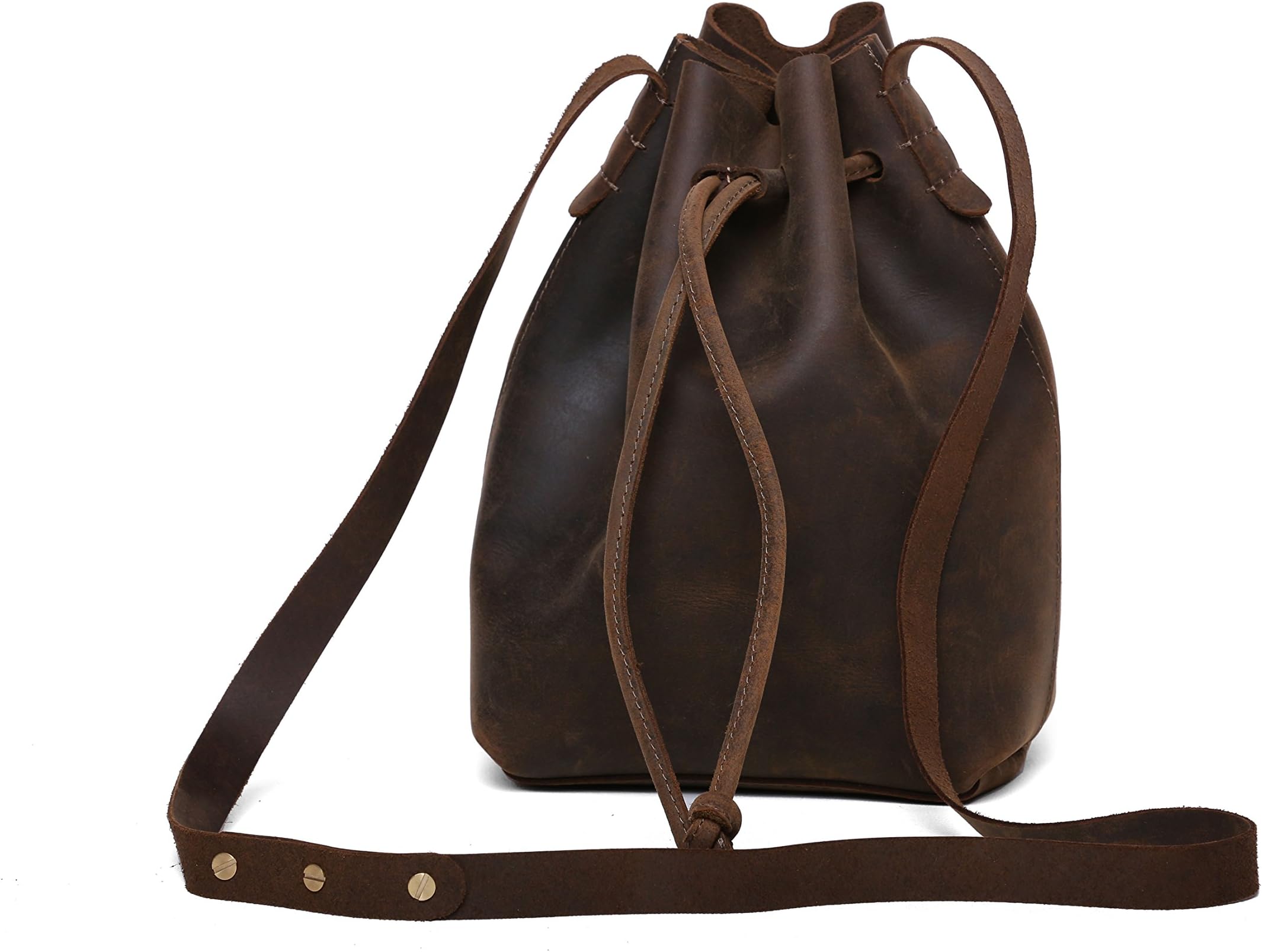 Rustic Vintage Genuine Leather Bucket Drawstring Shoulder Bag with Strap Sling Bag for Women Brown, 12x11x4 inch