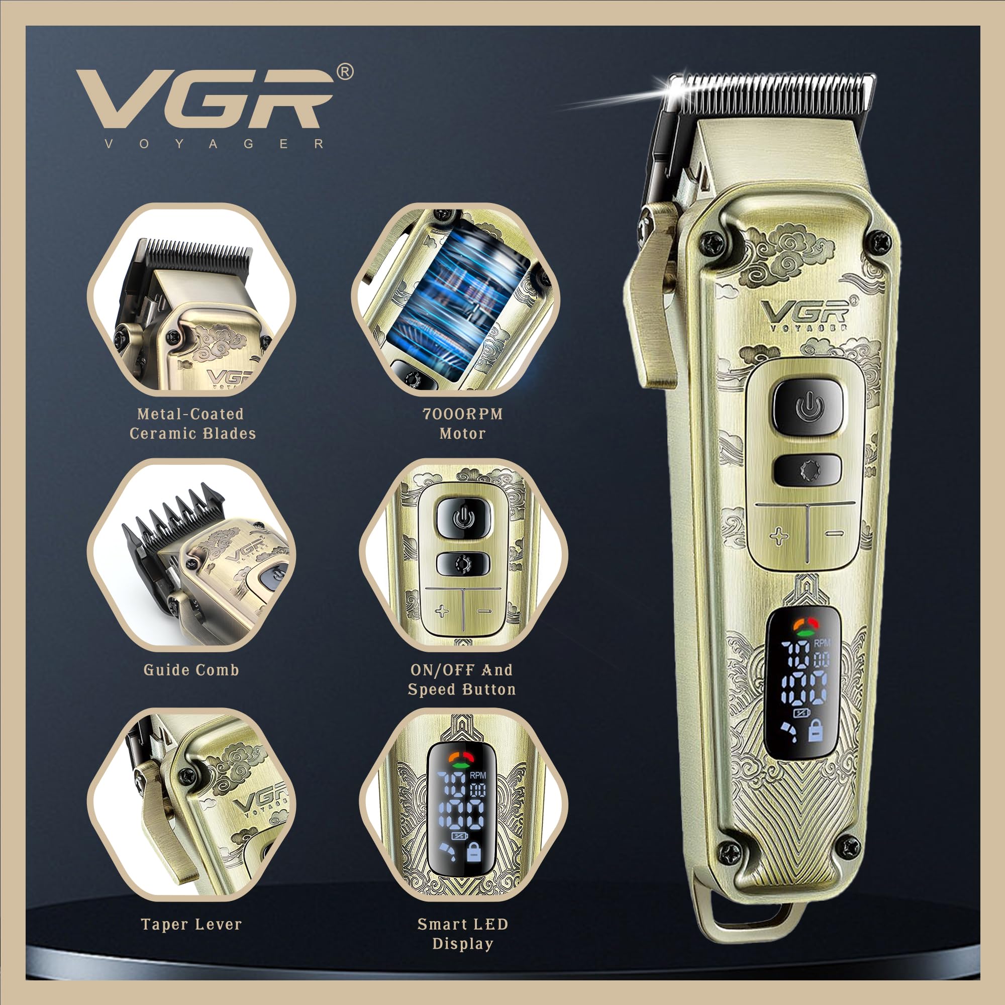 VGR Cortapelos para hombre inalámbrico con palanca cónica, kit de corte de pelo profesional eléctrico para corte de pelo de cabeza con cuchillas de cerámica, 7000 rpm, recargable a través de batería