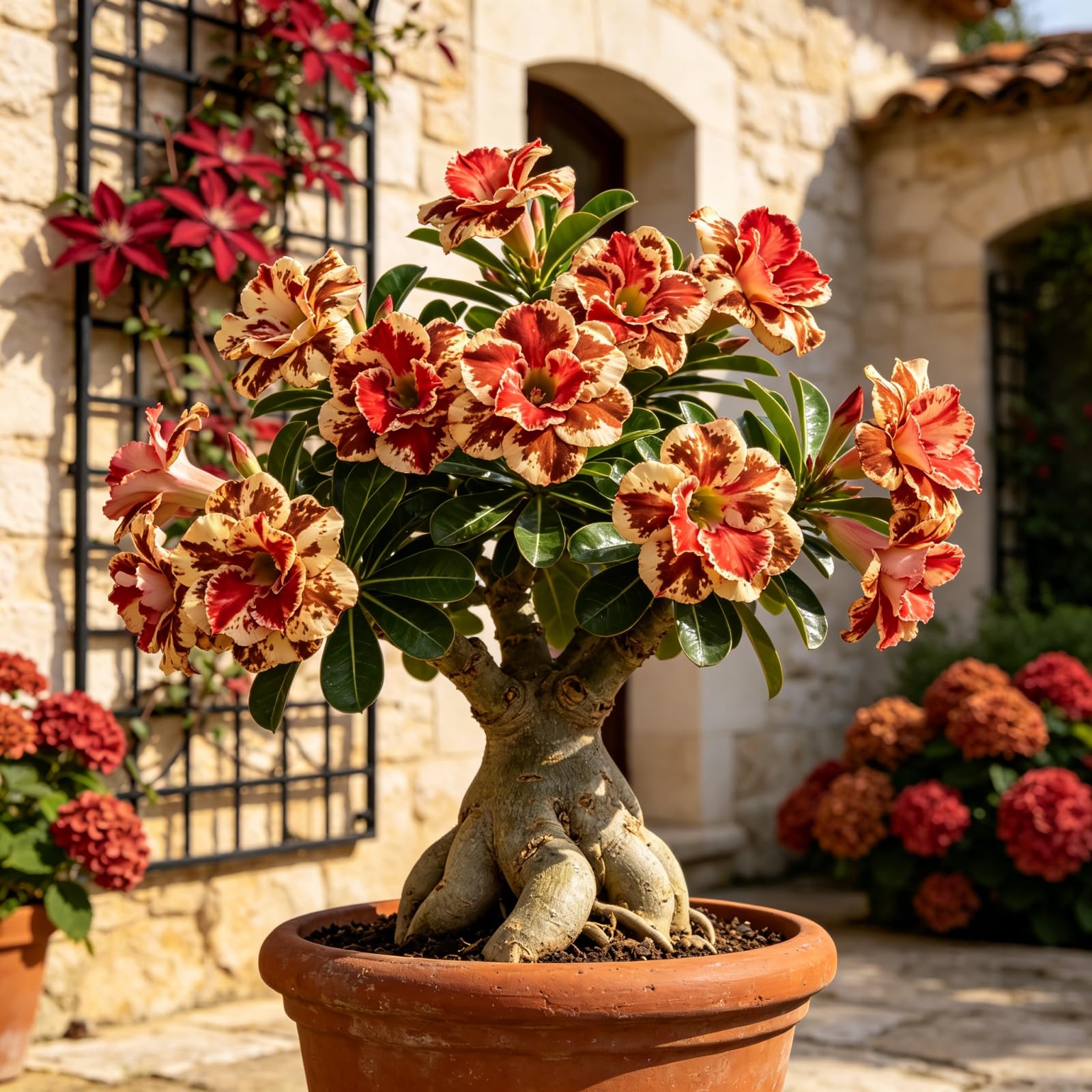 Rosa del Deserto Variegata Perenne, Rizoma Forte, Resistente all’Ombra e al Freddo Invernale-4bulbi-I