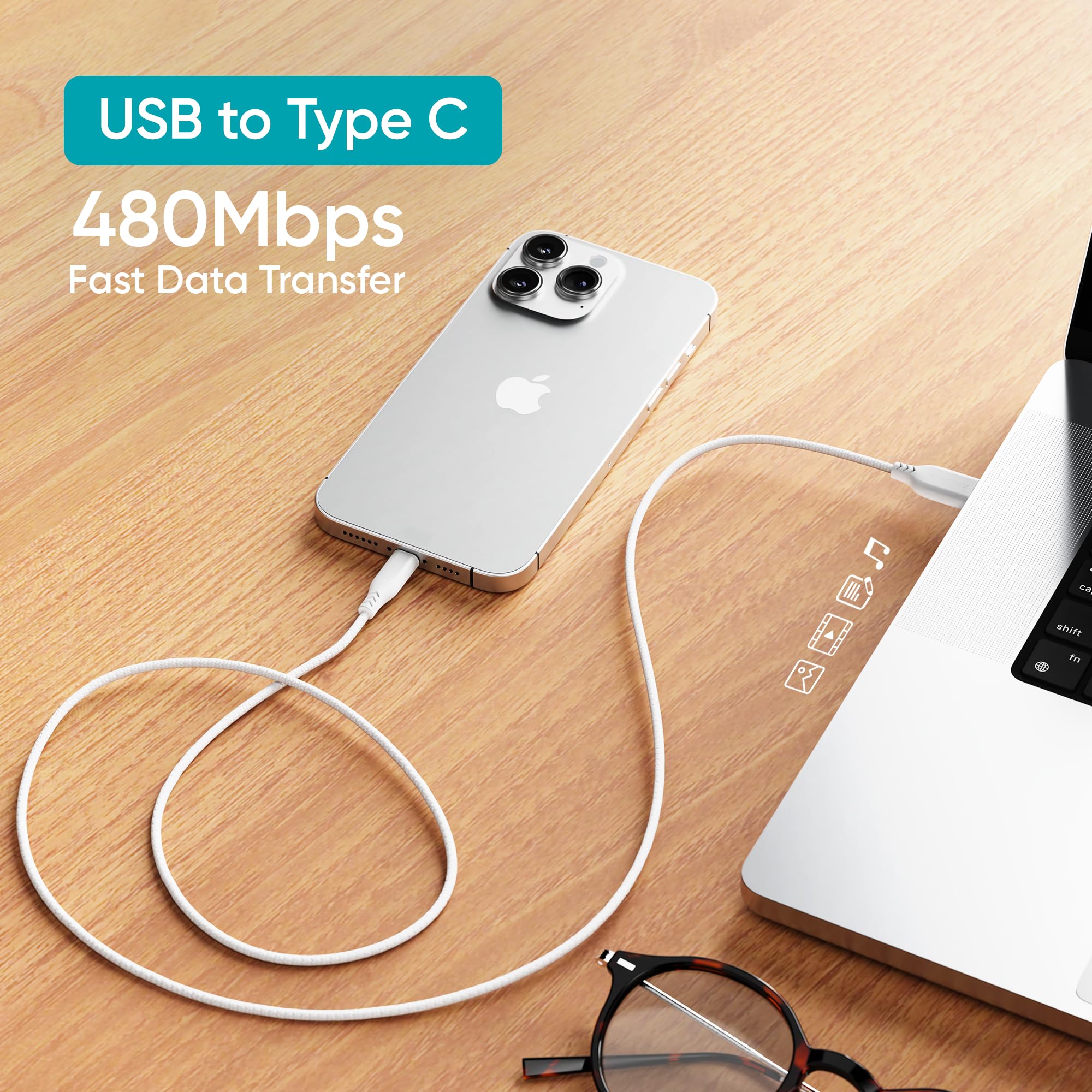 Ambrane Unbreakable 3A Fast Charging 1.5M Braided Type C USB Cable For Smartphones, Tablets & Other Type C Devices, 480Mbps Data Sync, Quick Charge 3.0 (RCT15 White) — Amazon image 3
