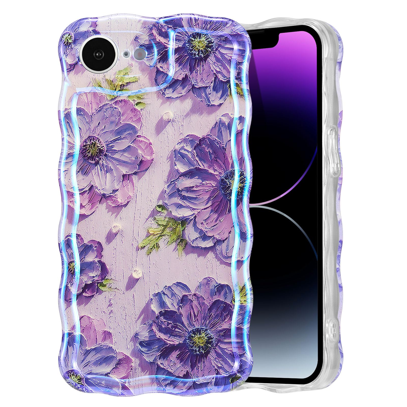 EYZUTAK Case for iPhone 15, Colorful Retro Oil Painting Flower Laser Beam Glossy Pattern Cute Curly Waves Border Exquisite Phone Cover Stylish Durable Soft TPU Protective Case for Girls Women - Green — view 68