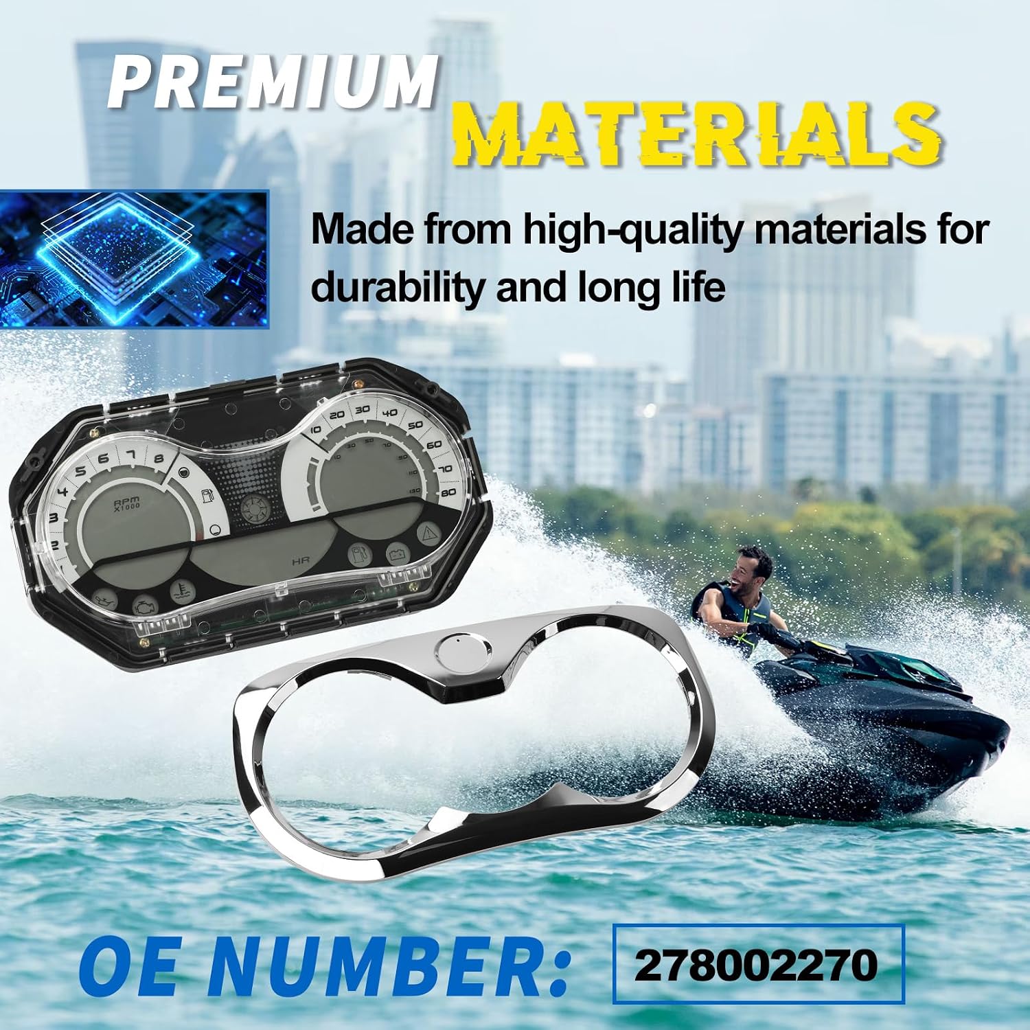 Upgrade 278002270 Jet Ski Speedometer Digital Gauge Cluster Fits for Sea Doo GTX RXP RXT Wake LCD Gauge W/ 278002144 Chrome Bezel Plug and Play
