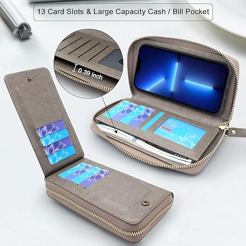 Miniatura 9 de Lacass Compatible con iPhone 13 Pro Max de 6.7 pulgadas 2021, cadena cruzada con doble cremallera, desmontable, magnética, de piel, cartera, funda