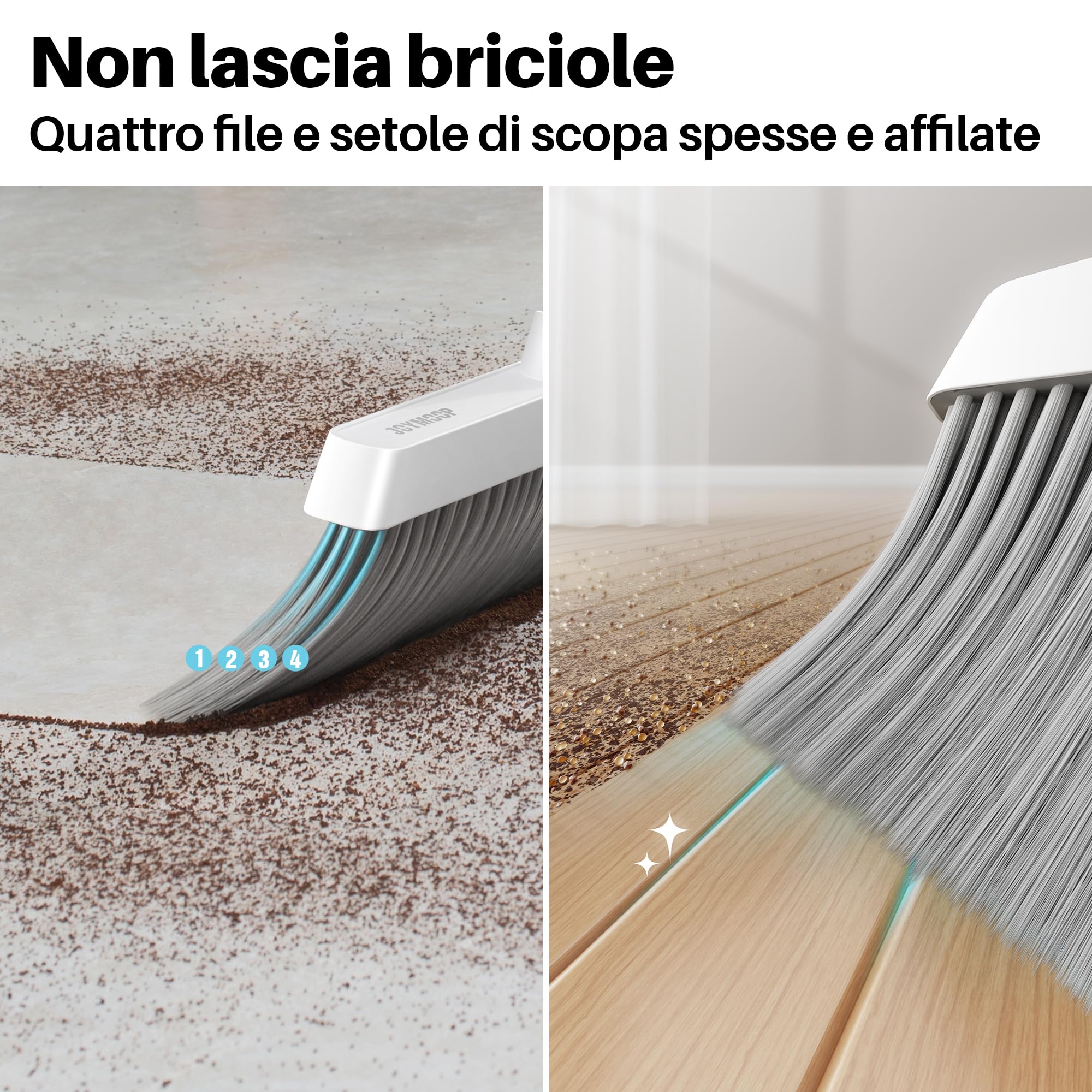 JOYMOOP set scopa e paletta, paletta e spazzola con manico lungo, scopa senza bisogno di piegarsi per uso interno ed esterno, bianco e grigio