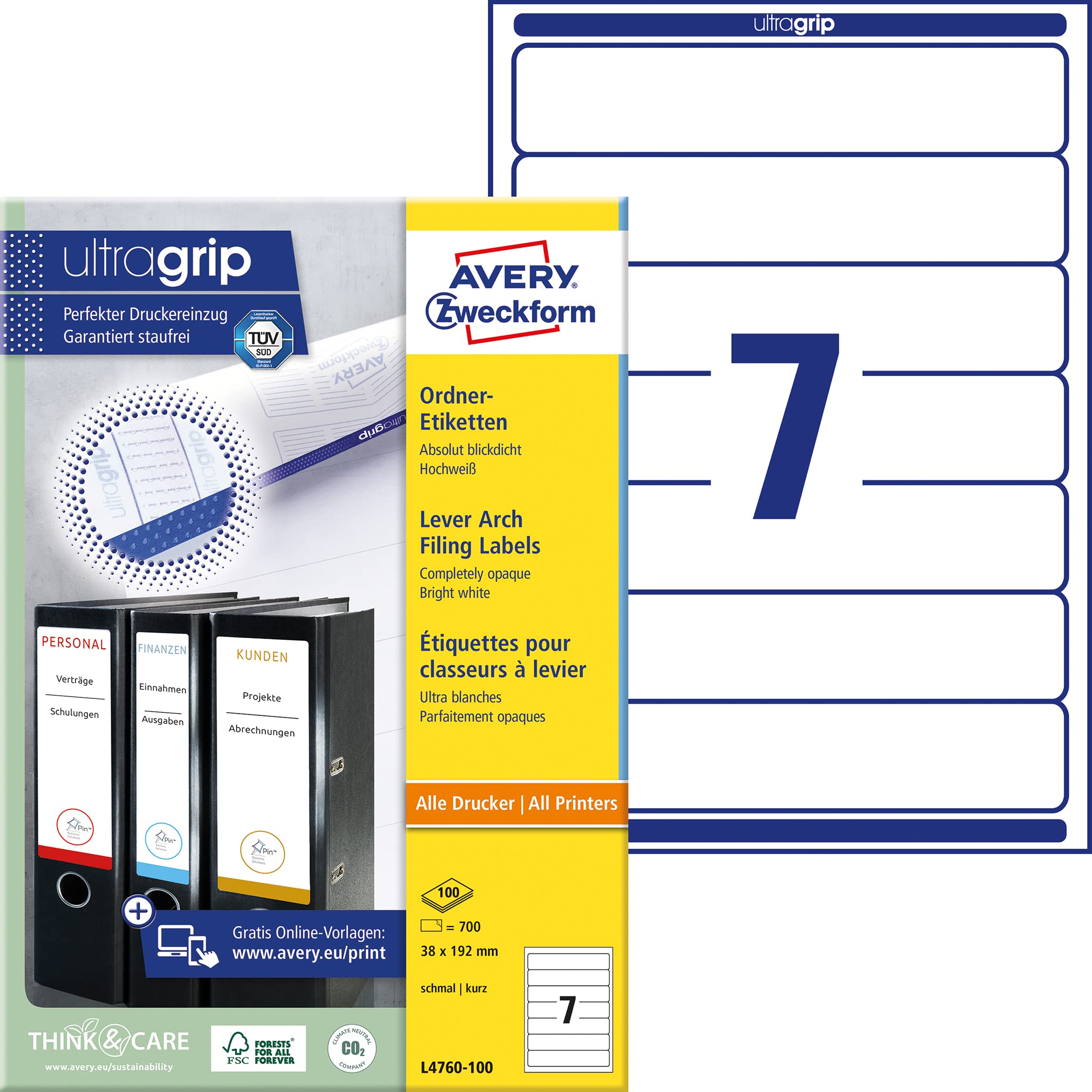 AVERY ZweckformL4760-100, Filing Labels, 100 Sheets, for Slim Ring Binders, Like Leitz, Elba, Esselte, Mehle, Herlitz, Bene, 192 x 38 mm