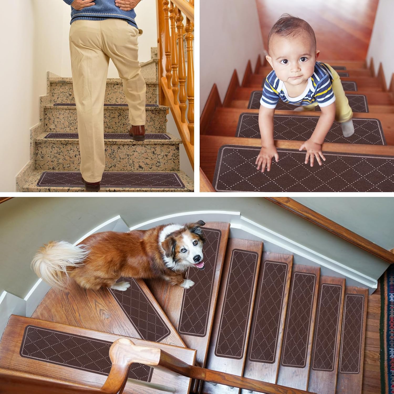15-Pack Non-Slip Carpet Stair Treads for Wooden Steps Indoor, 8" X 30" Reusable Adhesive Backing Stair Runner Rugs for Kids Elders Pet, Diamond Pattern, Brown