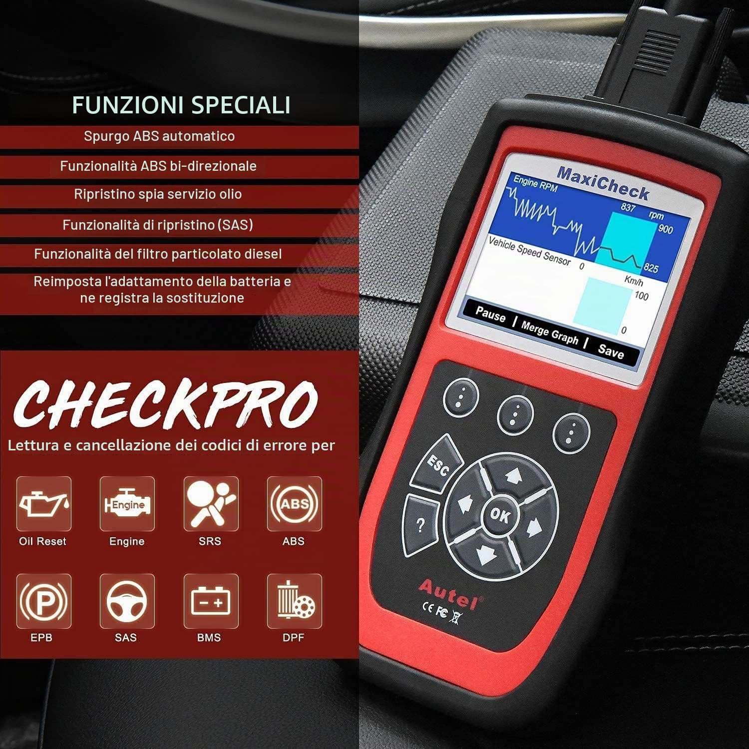 Autel MaxiCheck Pro Strumento Diagnostico OBD2 Scanner Auto con Bleed ABS | Reset dell'olio, SRS, SAS, EPB, BMS, per Veicoli Specifici, Strumento di Servizio Ideale Conveniente per Tecnici/Fai da te