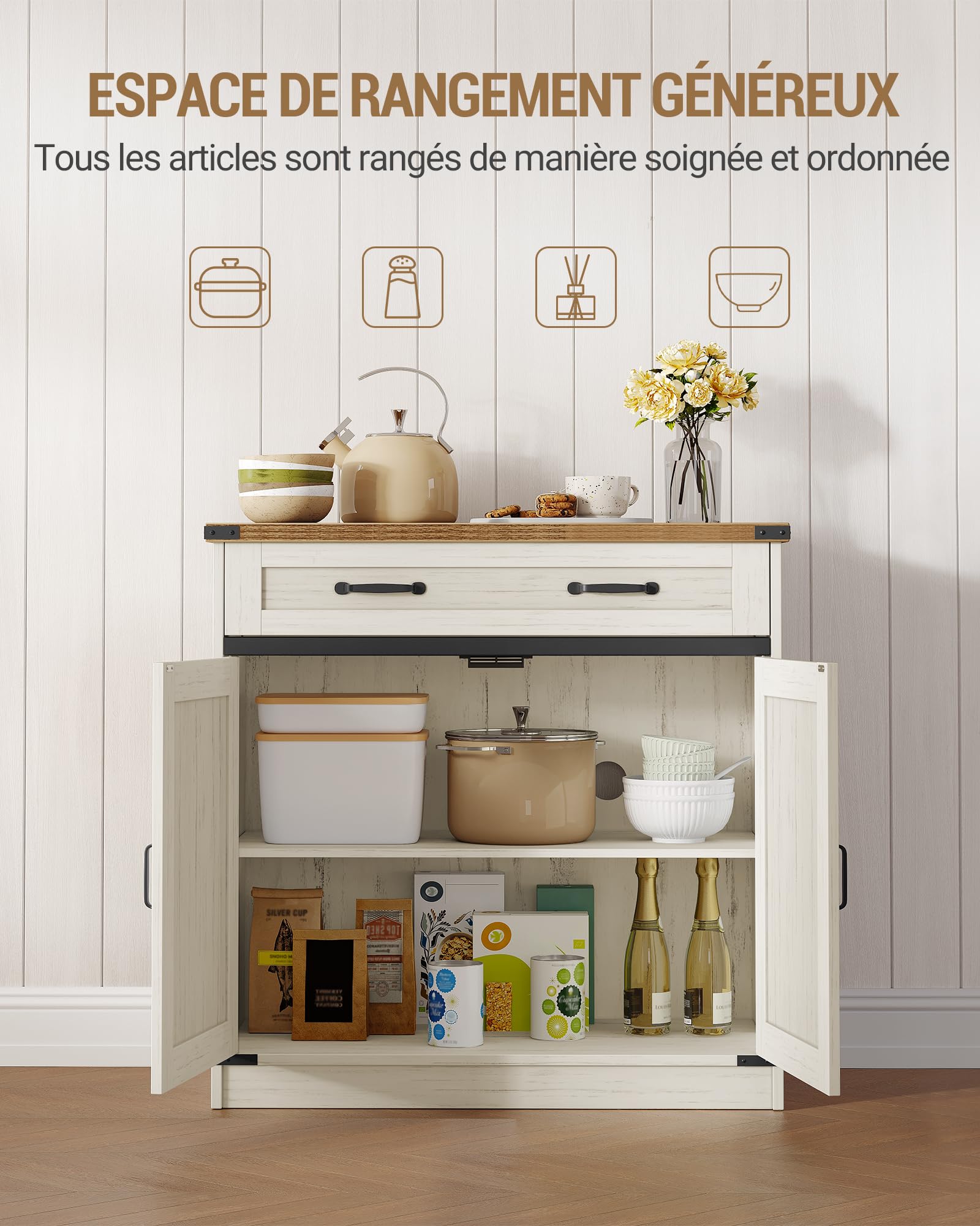 Hzuaneri Meuble Cuisine, Buffet à 1 Tiroir, Meuble de Rangement à 2 Portes, Étagères Réglables, Style Cottage, Cuisine, Salon, 40 x 80 x 80 cm, Blanc Rustique et Marron Miel, SC84814X