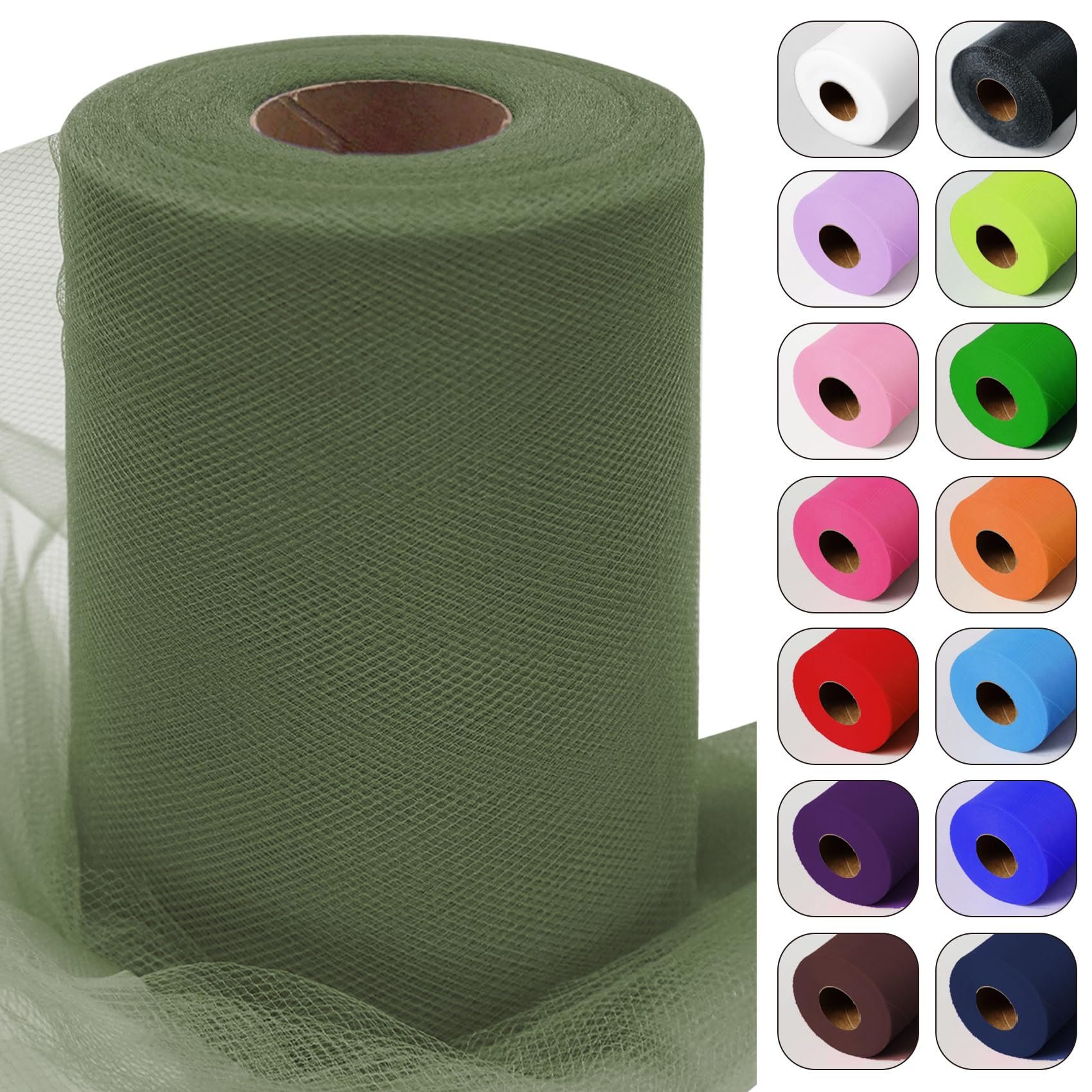 Moss Green Tulle Fabric Rolls 6 Inch by 100 Yards (300 feet) Tulle Ribbon for Tutu Skirt Gift Wrapping Wedding Baby Shower Thanksgiving Party Decorations DIY Crafts