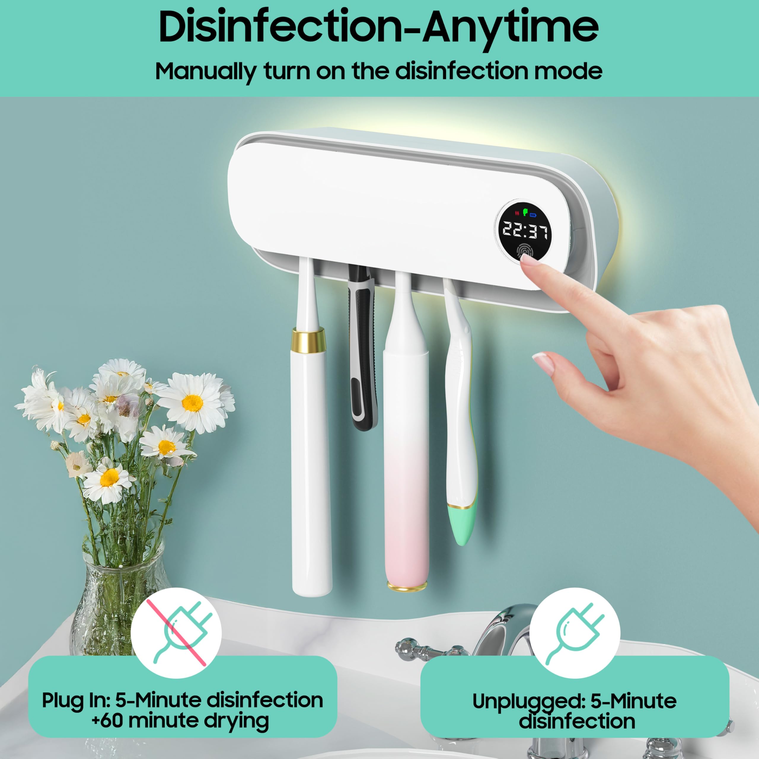 BlueBark Soporte de cepillo de dientes UV para baños, soporte de secado al aire, accesorios de baño para el hogar inteligente, función de temporizador y 5 ranuras para cepillos de dientes, soporte