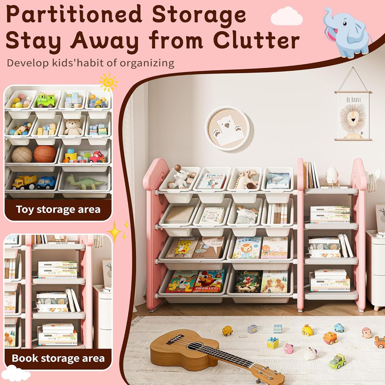 Organisateur de rangement de jouets avec 12 bacs, bibliothèque à 4 niveaux, organisation de chambre d'enfant, assemblage facile pour chambre à coucher et décoration de salle de jeux