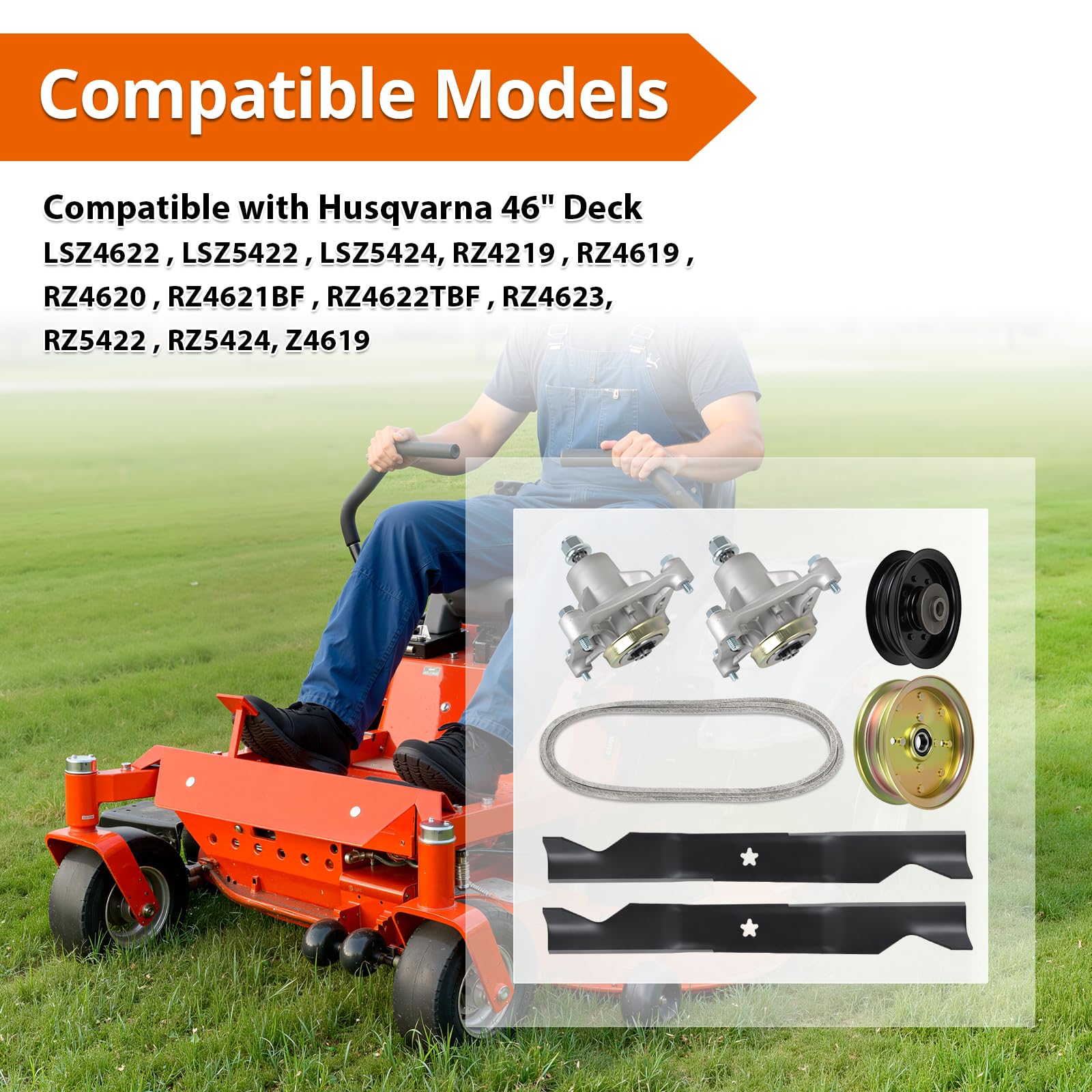 Kit de reconstrucción de cortacésped de cubierta de 46 pulgadas compatible con Hus qvarna RZ4621/RZ4623 (2010-2014), incluye 2 husillos (174356), 2 cuchillas (405380), 2 ruedas tensoras