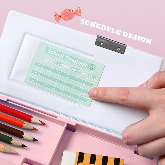 Pop Up Multifunction Pencil Case, Cute Cartoon Pen Box Organizer Stationery with Calculators, Sharpener, Schedule, School Supplies (Pink)