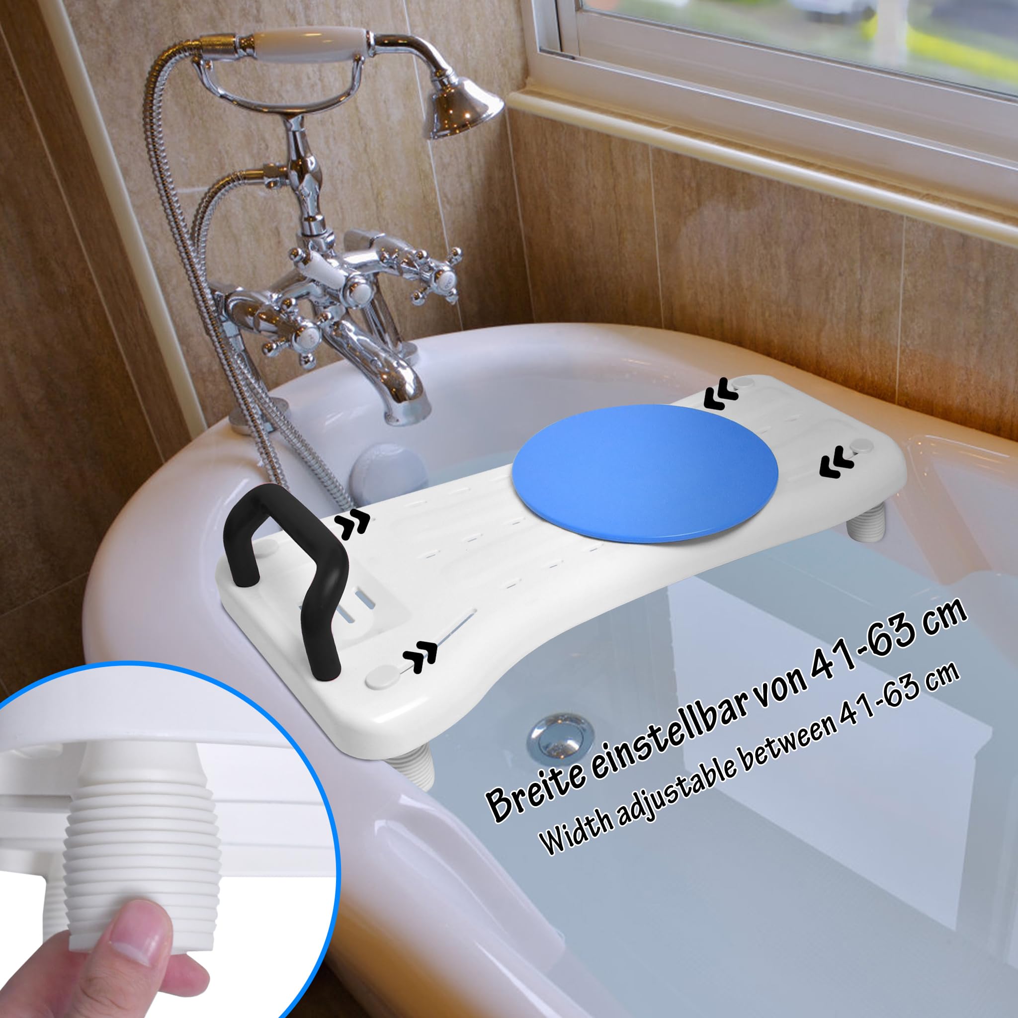 LARS360 Vasca da bagno con piastra girevole, seduta regolabile per anziani con manico nero e ripiano per sapone, carico massimo 150 kg, per vasca da bagno da 41-63 cm, LARS-(HAG1368A)