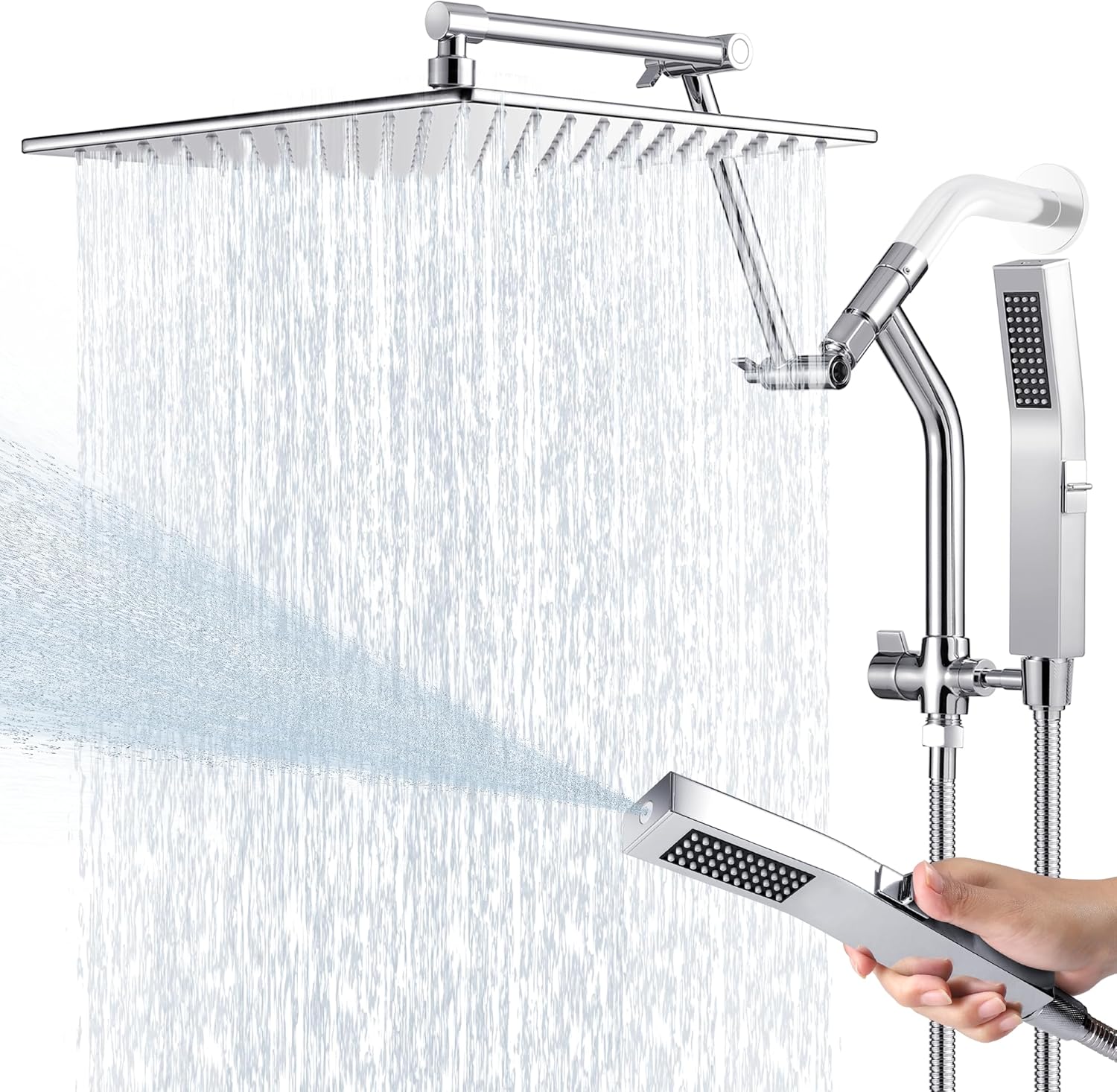 All Metal 12 Inch Rain Shower Head with Handheld Built-in Power Wash Mode, High Pressure Waterfall Rainfall Square Shower Heads with 16" Adjustable Extension Arm, Dual Showerhead(Chrome)