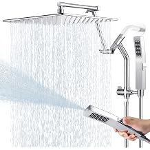 All Metal 12 Inch Rain Shower Head with Handheld Built-in Power Wash Mode, High Pressure Waterfall Rainfall Square Shower Heads with 16" Adjustable Extension Arm, Dual ShowerheadChrome