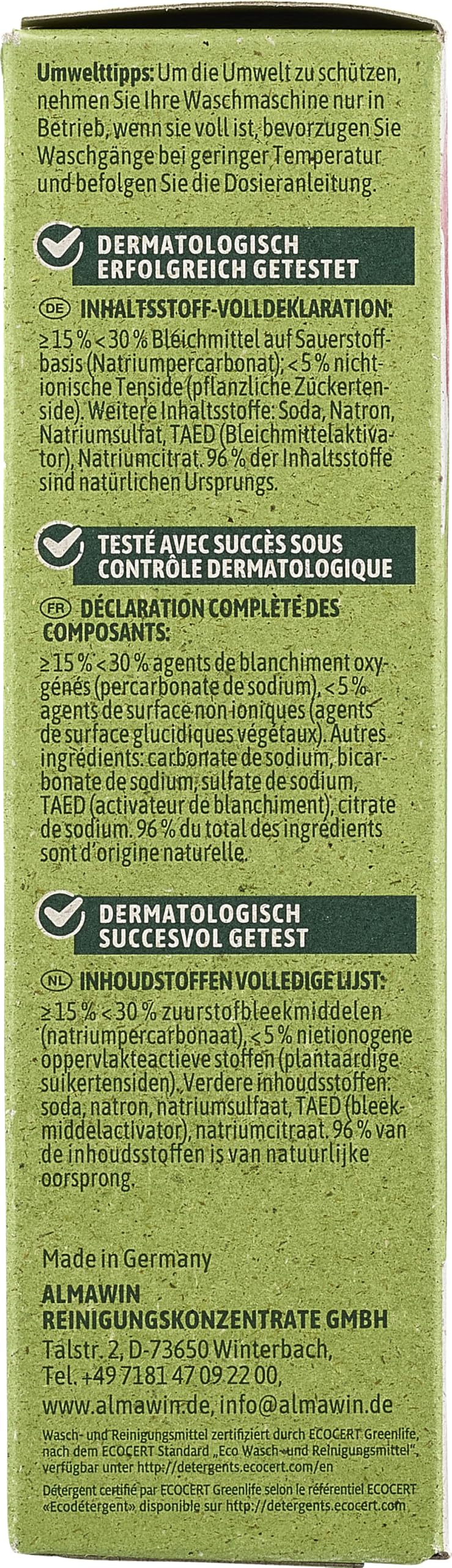 AlmaWin® Sauerstoffbleiche Pulver [6x 400g] für strahlend weiße Wäsche ab 30°C, gegen Gerüche & Verfärbungen - Aktivsauerstoff Bleichmittel für Abfluss, Spül- & Waschmaschine