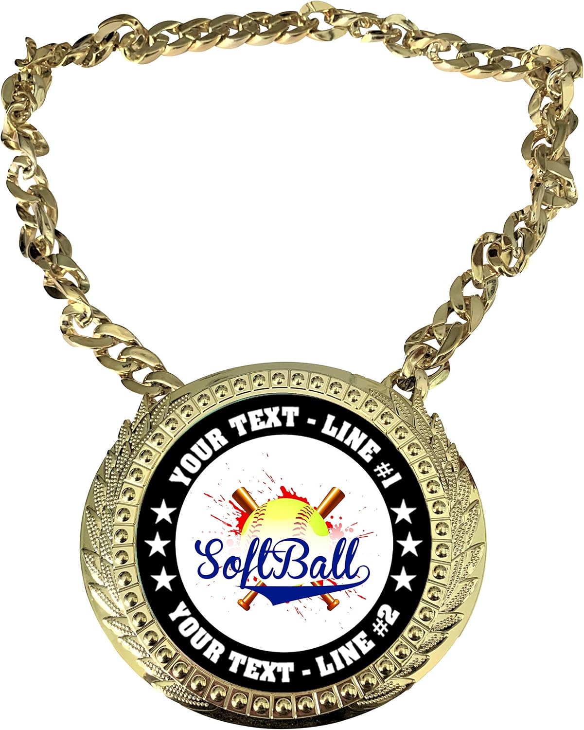 Express Medals Custom Softball Champ Chain Trophy with 2 Lines of Personalized Text on a Large Rigid Plastic Award Medal and 34 Inch Long Gold Color Neck Chain. EG190