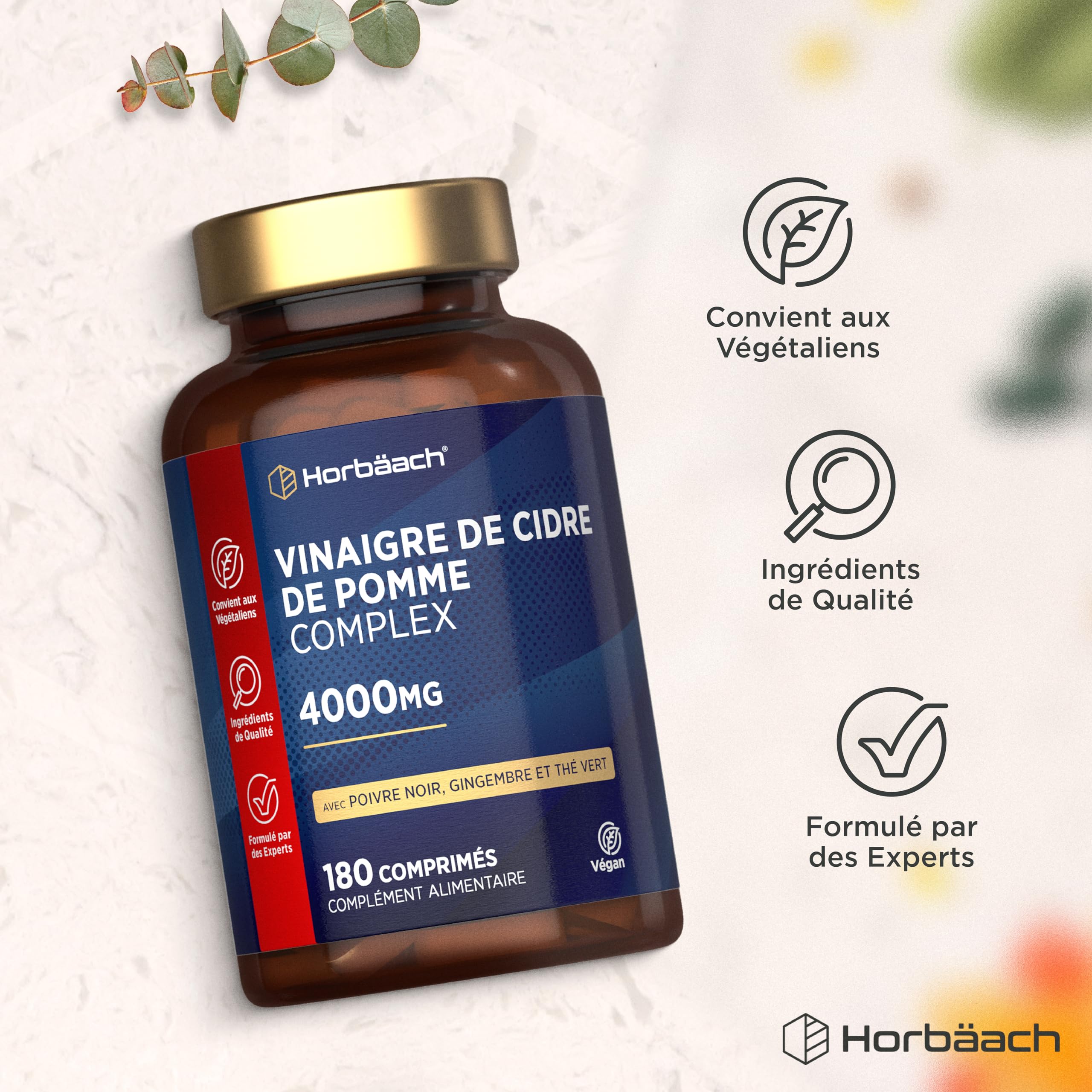 Vinaigre de Cidre 4000mg | 180 Gélules Vegan | Hautement dosé | Haute Dose de Vinaigre de Cidre de Pomme | Apple Cider Vinegar Tablets | Horbaach