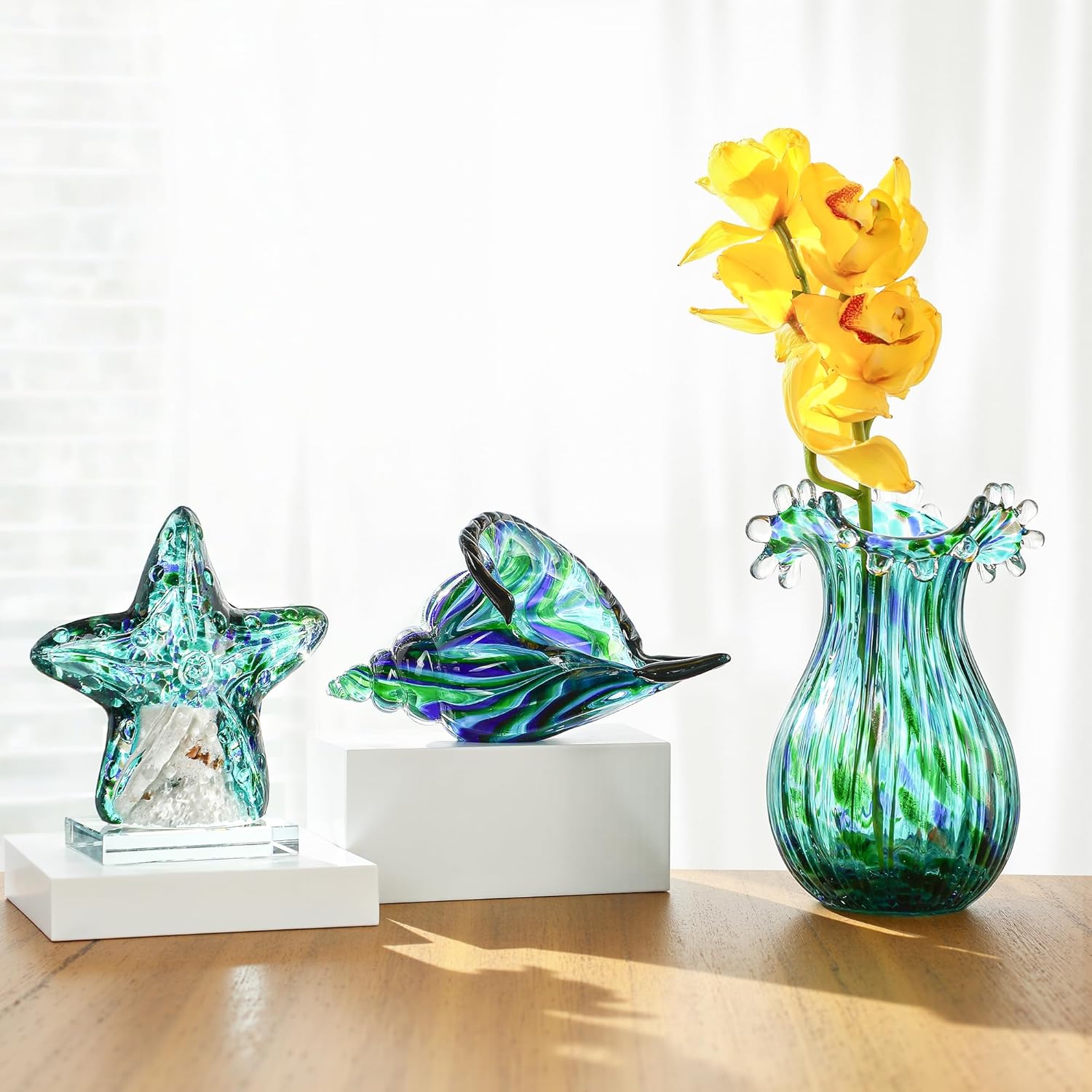 Green Glass Bubble Vase for Flowers, 8.5" Blown Glass Vase for Home Decor, Modern Art Flower Vases Decorative | Table Centerpiece, Olive Plant, Wedding, Living Room, Bookshelf, Office, Entryway - Image 3