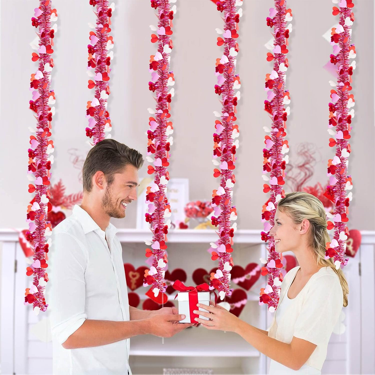 6 PCS Valentine's Day Tinsel Garland, 39.4 ft Heart Metallic Fringe Garlands Valentine's Day Hanging Garland Decorations for for Valentines Party Wedding New Years Home Indoor Outdoor (Red Pink White)