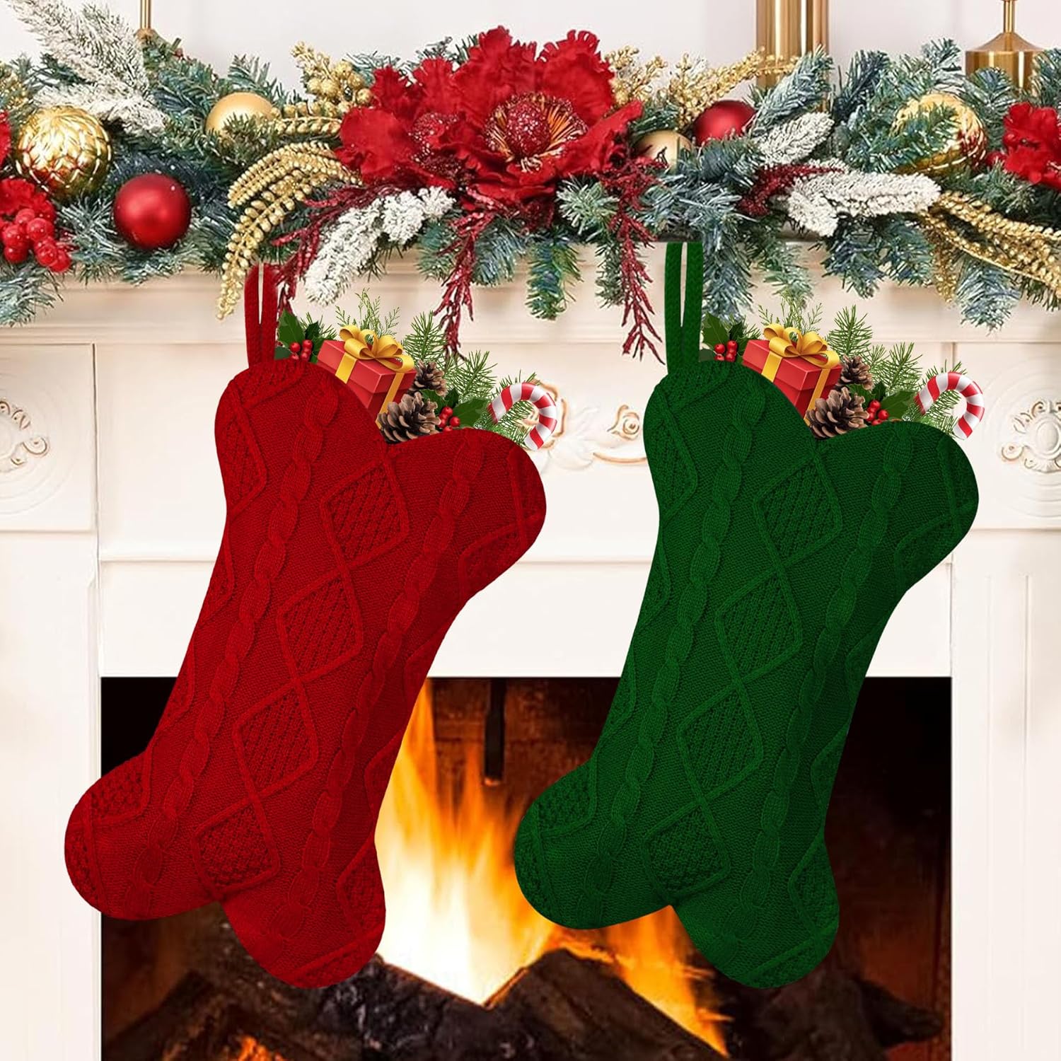 GOYOSWA 2 Pack Dog Christmas Stocking, 18 Inch Large Double Side Knitted Christmas Stocking for Dogs, Bone Shaped Hanging Dog Stockings for Dogs Pets (Red & Green)