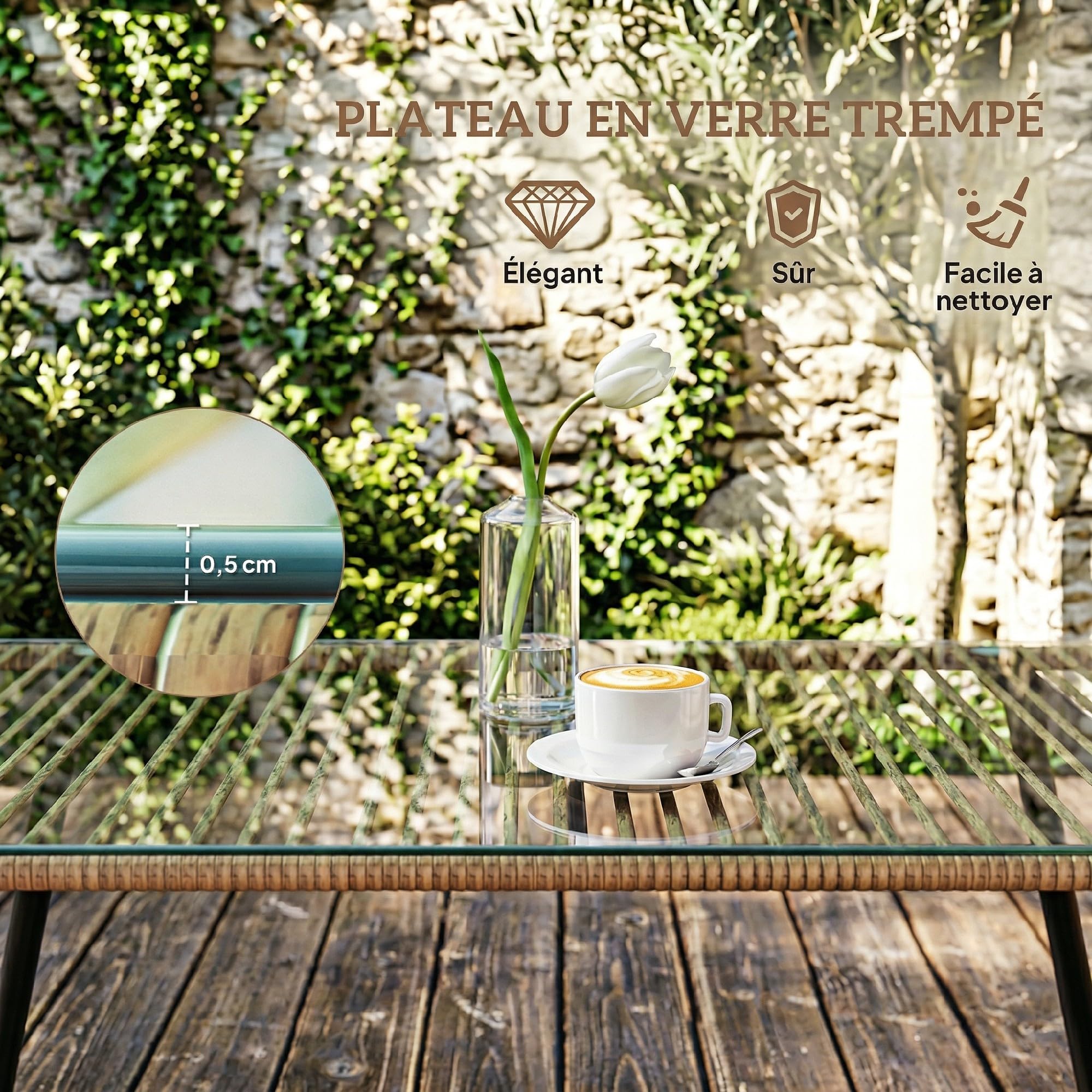 Outsunny Table Basse de Jardin en résine tressée avec Plateau en Verre trempé 5 mm, Table d'appoint pour terrasse, Patio, Balcon, extérieur, Cadre en Acier 110 x 60 x 40 cm, Aspect Bois Naturel