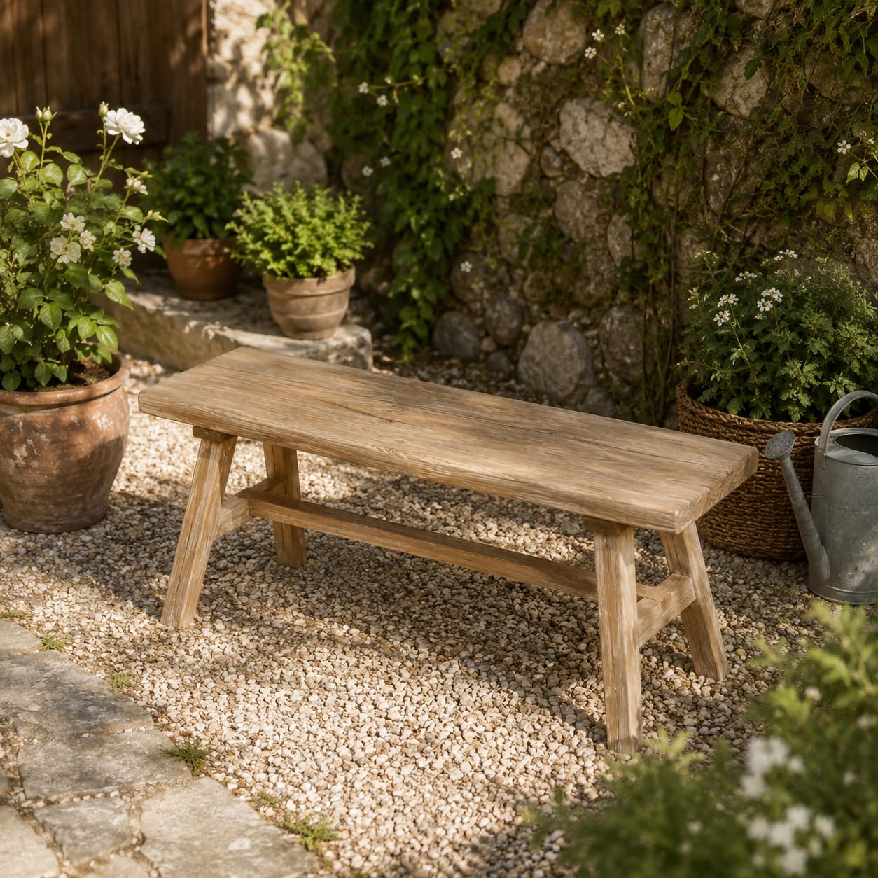Banco Madera Maciza de Estilo WABI Sabi-Banqueta de Madera Envejecida con Diseño Rústico-Asiento de Madera Natural para Recibidor, Salón, Dormitorio, Comedor y Pasillo 100x32x41cm XZ-24895