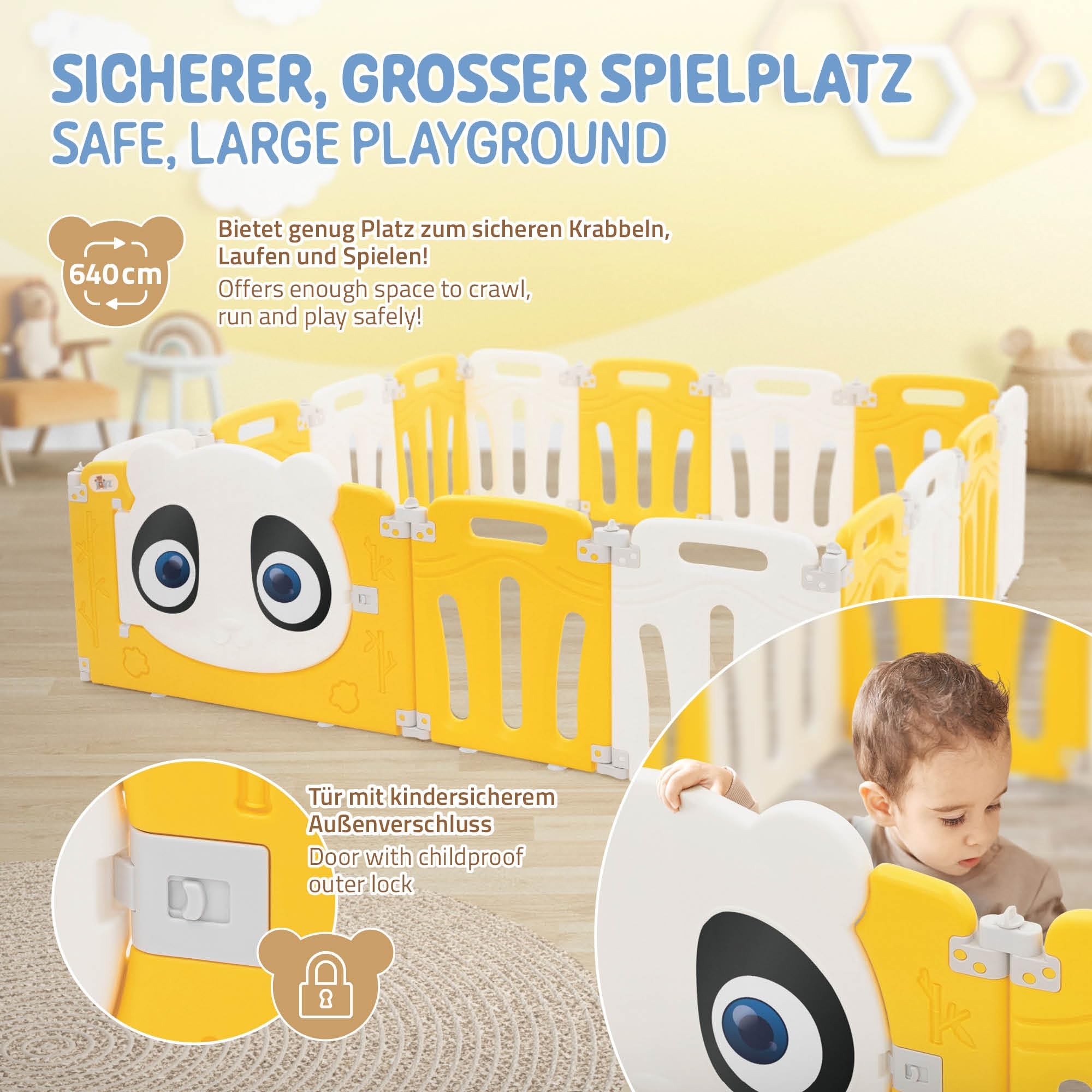 Joyz Box Bambini 160x160 cm Pieghevole Design Panda Bianco/Giallo Cancelletto con Porta e Orologio Didattico Recinto in Plastica per Interni/Esterni Cancelletto per l’Esplorazione dei Neonati